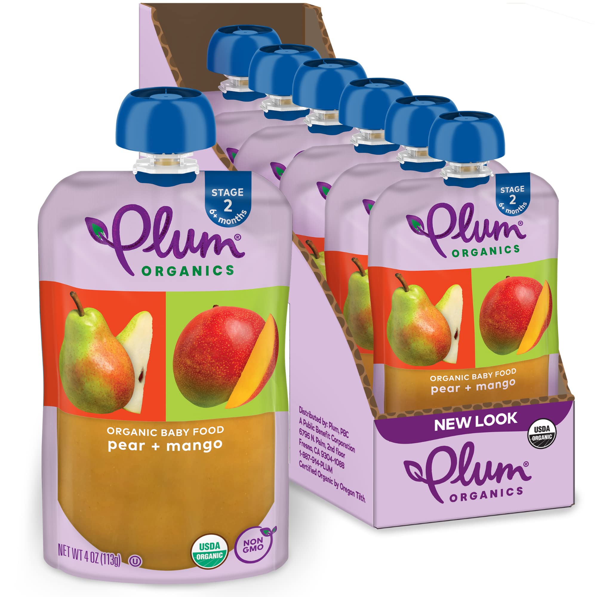 Plum Organics Stage 2 Organic Baby Food - Pear and Mango - 4 oz Pouch (Pack of 6) - Organic Fruit and Vegetable Baby Food Pouch