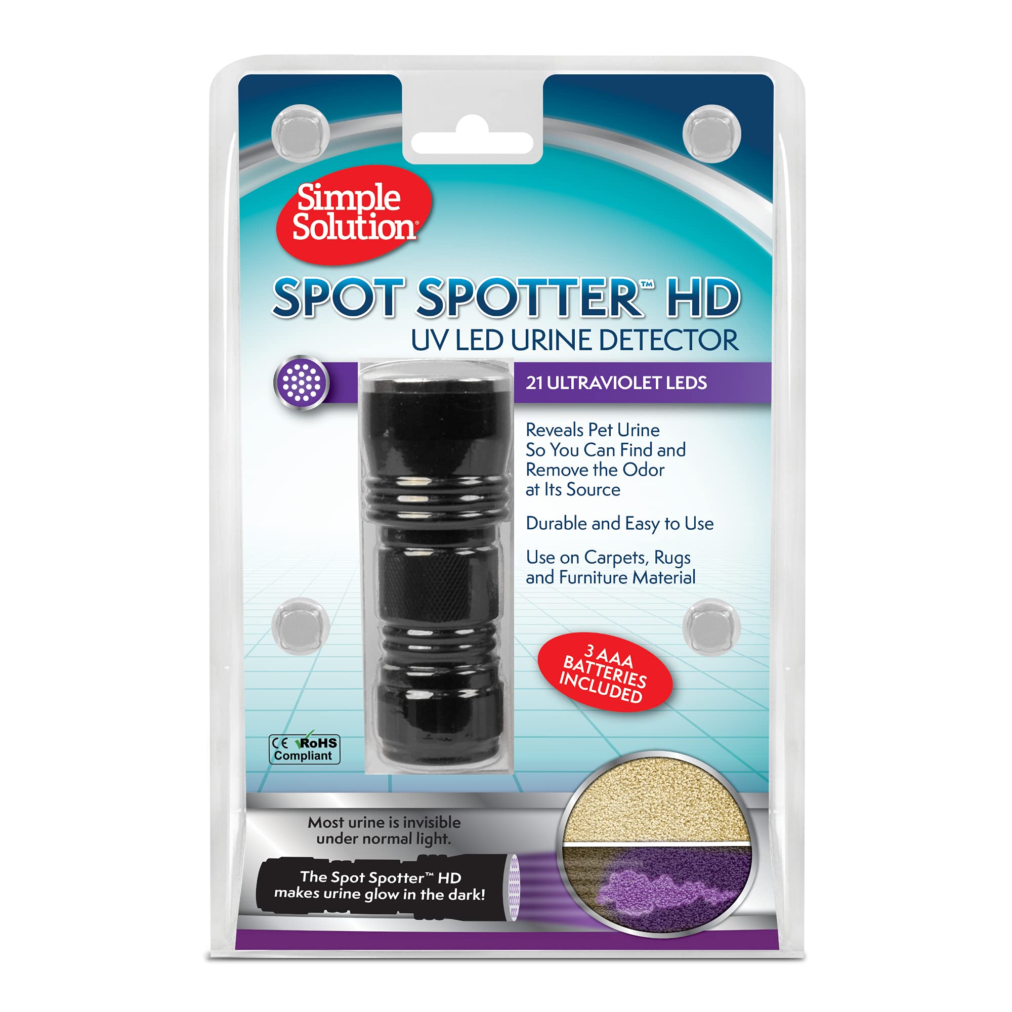 Simple SolutionSpot Spotter HD UV LED Urine Detector | Spot and Eliminate Pet Urine Stains and Odors | 1 Light