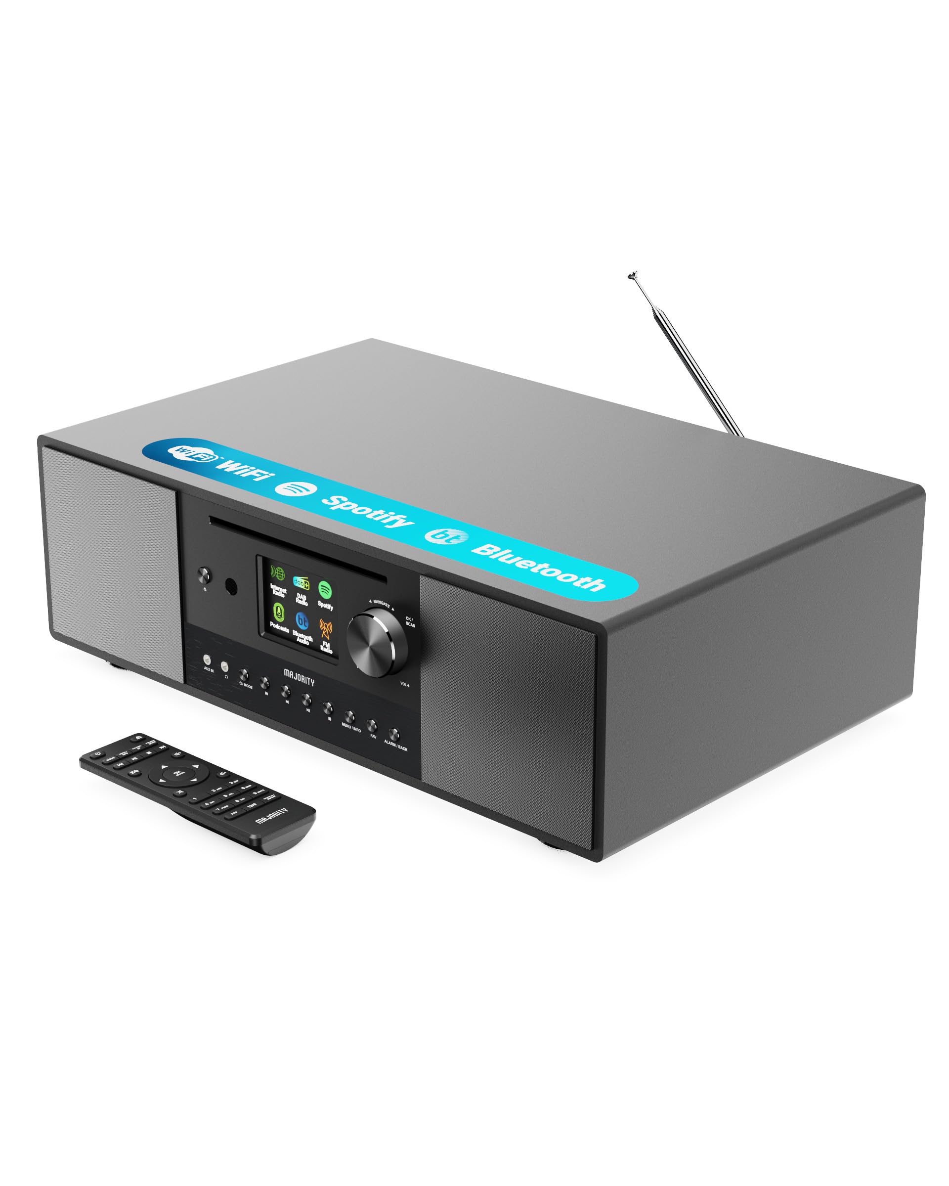 Internet Radio with DAB+ and CD Player | 120W 2.1 Stereo System with Inbuilt Subwoofer | Bluetooth Enabled | Spotify Connect & Podcasts | FM Radio| LED Colour Display | MAJORITY Quadriga (Black)