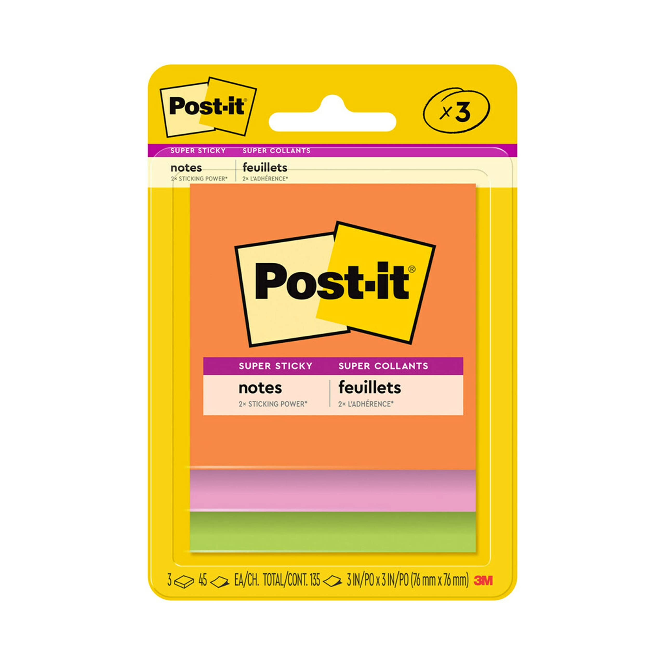 Post-it Super Sticky Notes 3 x 3 in (76 x 76 mm) 3321 Rio Assorted colors, 3 pads/pack | Extra Sticky Notes | For Note Taking, To Do Lists | Clean Removal | No damage | Recyclable | 45 sheets/pad