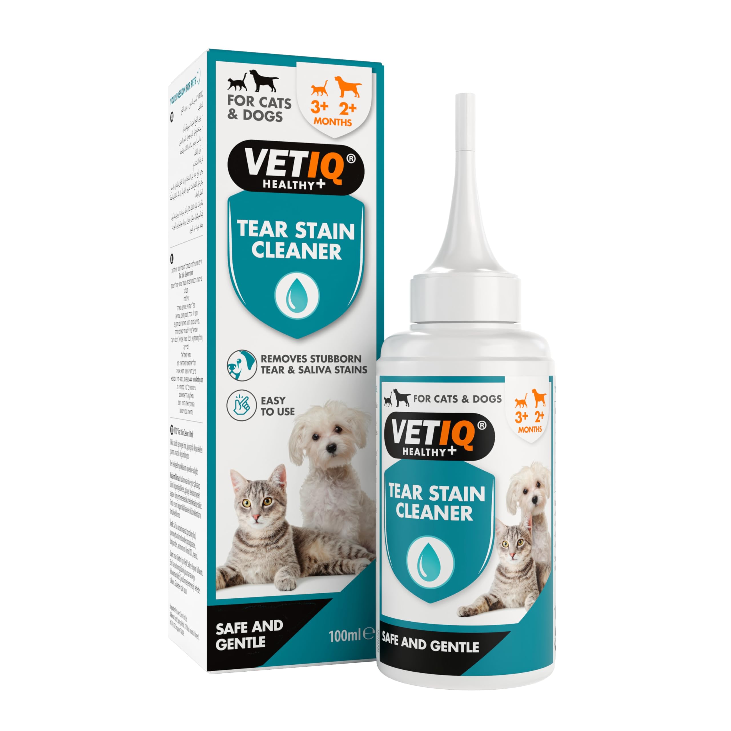 VetIQTear Stain Remover For Cats 3+ Months & Dogs 2+ Months, Safe & Gentle Solution to Remove Stubborn Tears & Saliva Stains Around Eyes & Mouth, 100 ml