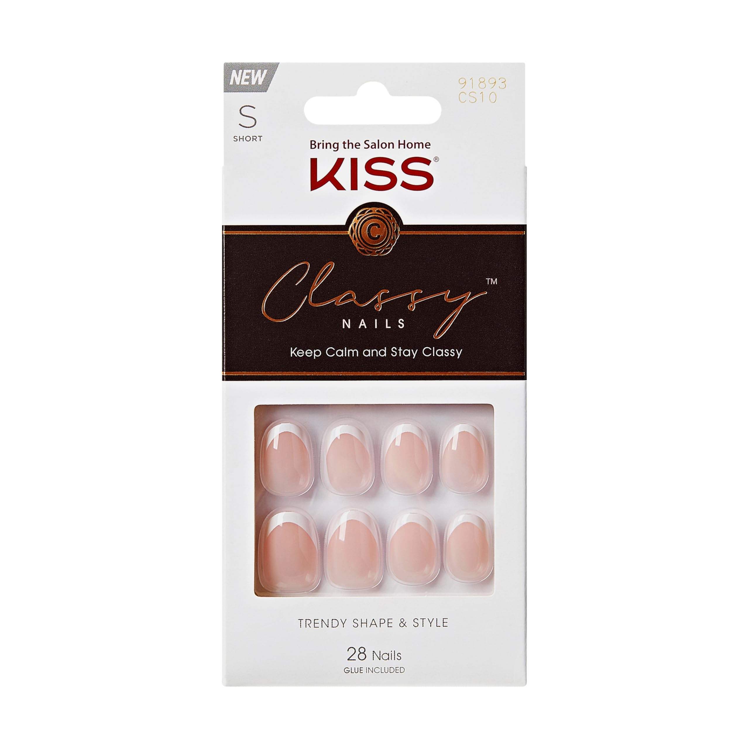 KISS Classy Nails, Press-On Nails, Nail glue included, 'Exclusive Only', Light White, Short Size, Oval Shape, Includes 28 Nails, 2G Glue, 1 Manicure Stick, 1 Mini File