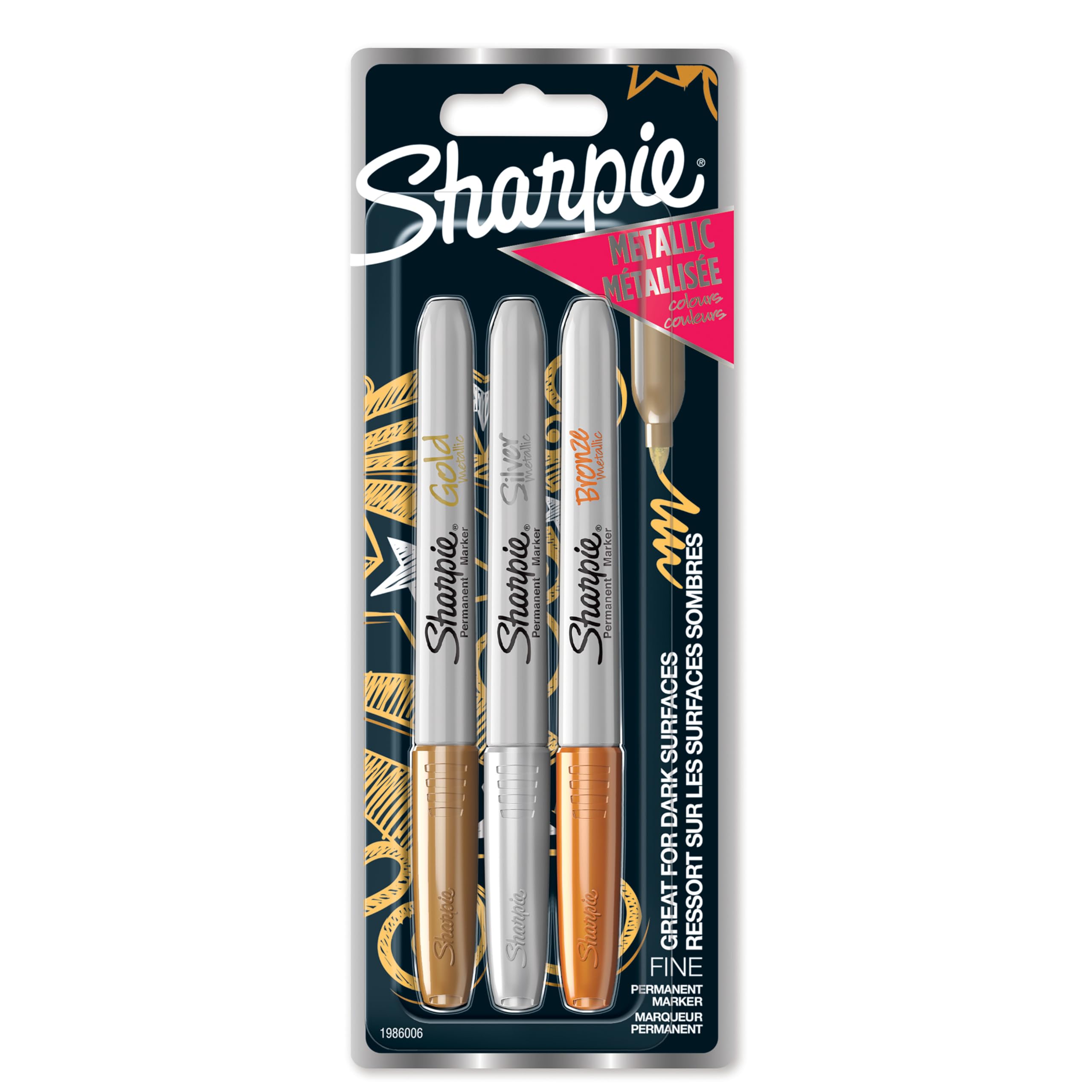 Sharpie Permanent Markers | Fine Point for Bold Details | Assorted Metallic Colours | 3 Marker Pens