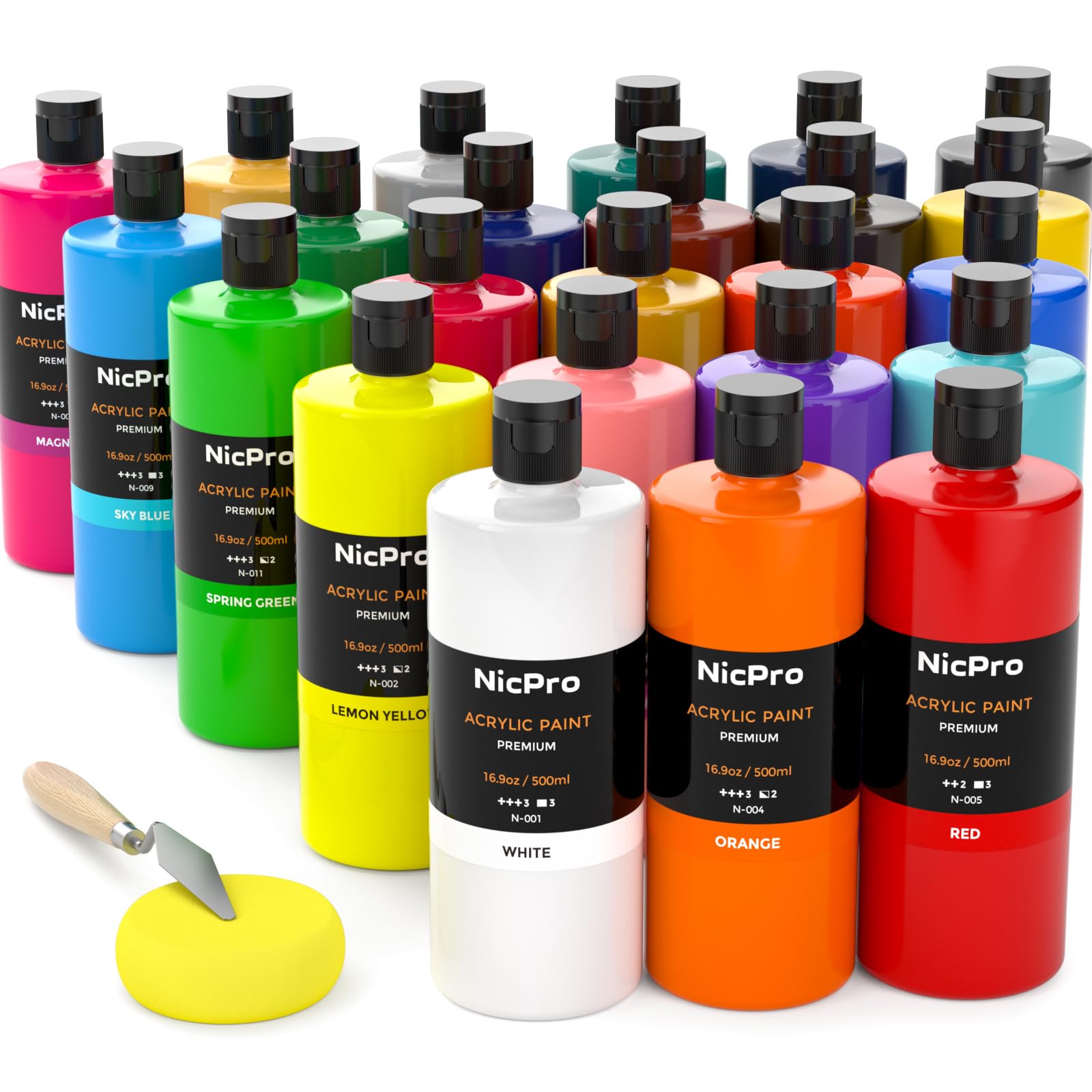 Nicpro 24 Colors Large Bulk Acrylic Paint Set (16.9 oz,500 ml) Non Toxic Artist Painting Supplies for Multi Surface Canvas, Wood, Fabric Leather, Rock, Glass, Paper, Crafts, Hobby with Color Wheel