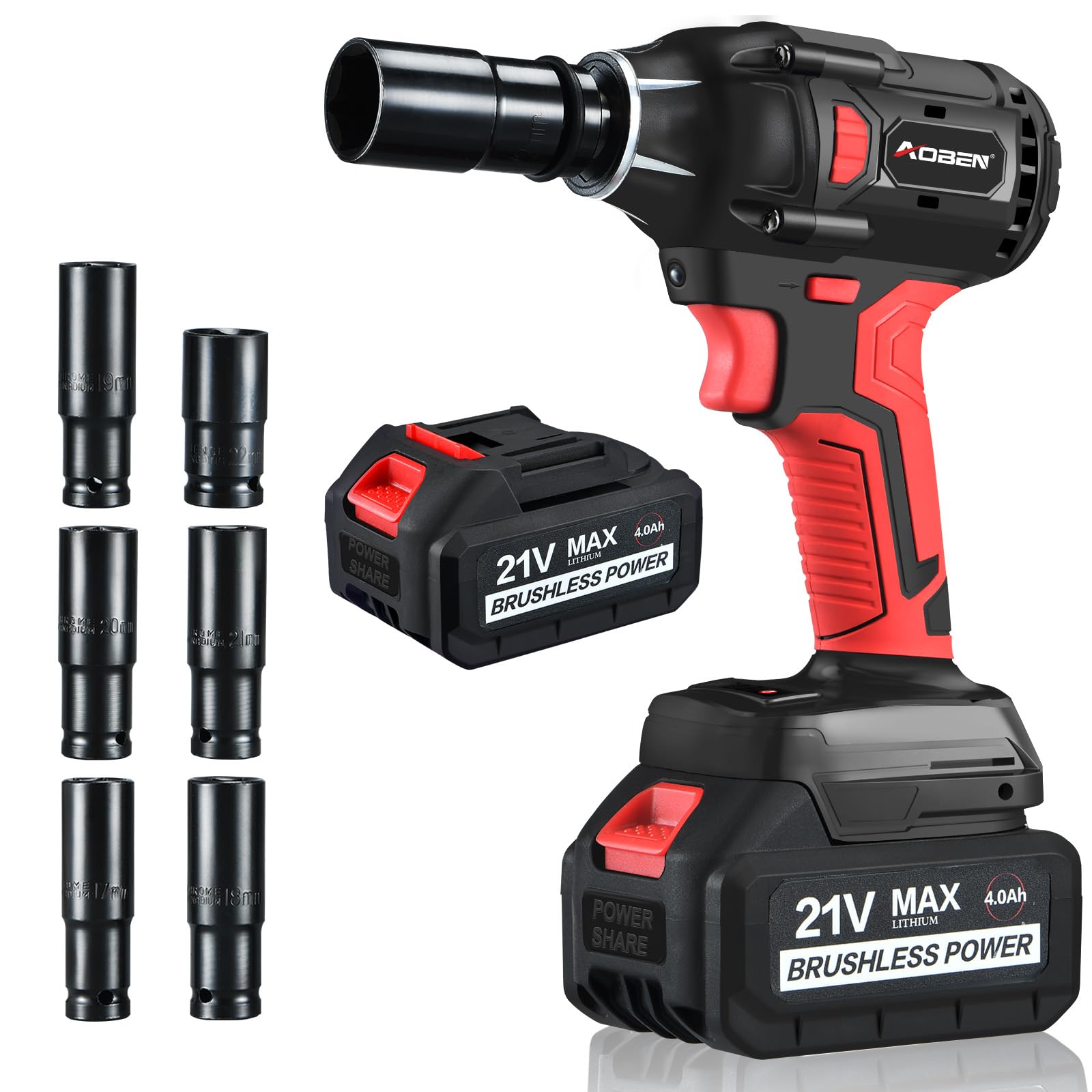 AOBEN21V Cordless Impact Wrench Powerful Brushless Motor with 1/2" Square Driver, Max 300 Torque ft-lbs (400N.m),2X 4.0A Li-ion, 6Pcs Impact Sockets,Fast Charger and Tool Bag