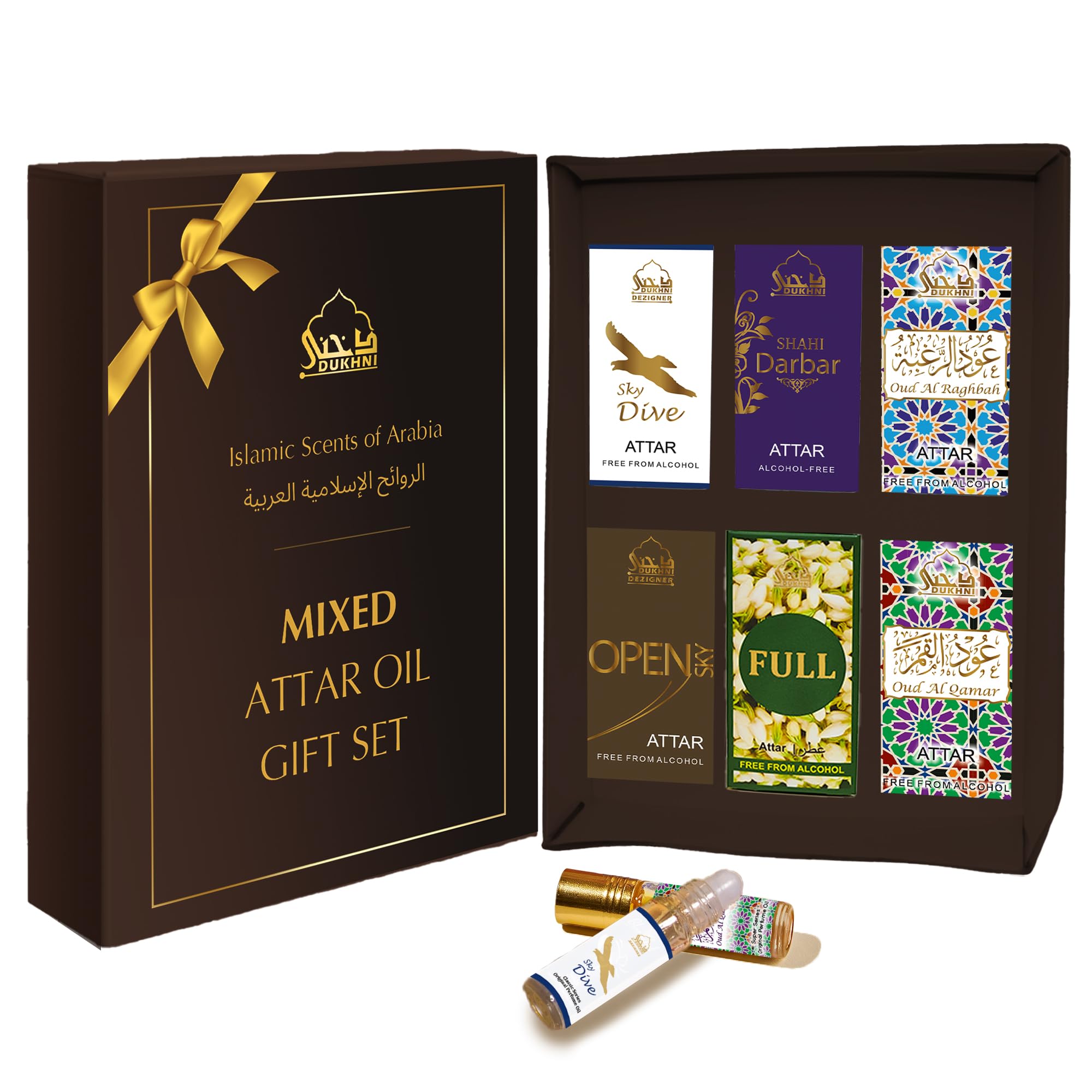 DukhniMixed Attar Oil Set | Authentic Arabic Fragrance Oils| Long- lasting Halal Scents for Ramadan & Eid Gifts | Open Sky, Attar Ful, SkyDive, Shahi Darbar, Oud Al Qamar, Oud Al Raghbah - 6ml each