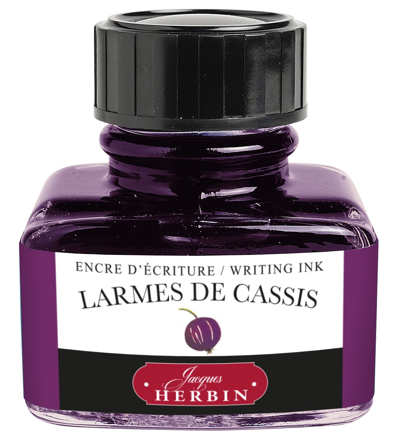 Jacques Herbin - Ref 13078T - Ink for Fountain Pens & Rollerball Pens - Larmes de Cassis / Tears of Blackcurrant - 30ml Bottle with Integrated Pen Rest - Purple-Coloured Ink