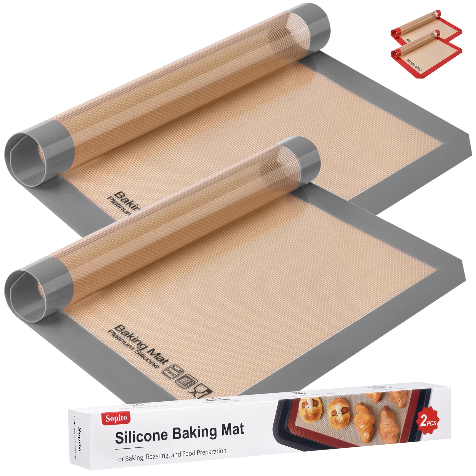 Silicone Baking Mat, Sopito Food Safe Silicone Baking Sheet, Heat Resistant 480℉ Baking Mat, Length 16.5" Width 11.6", 2 PCS-Grey