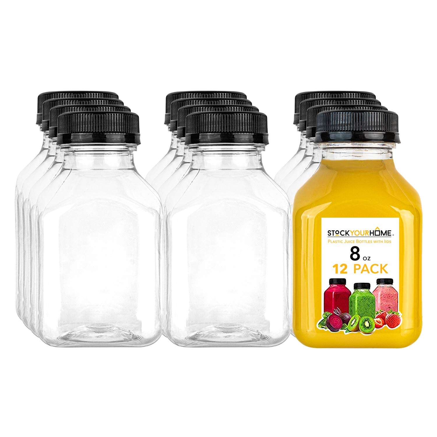 Stock Your Home Plastic Juice Bottles 8 Oz with Lids, Juice Drink Containers with Caps for Juicing Smoothie Drinking Cold Beverages, 8 Oz Bottles with Caps, 12 Count