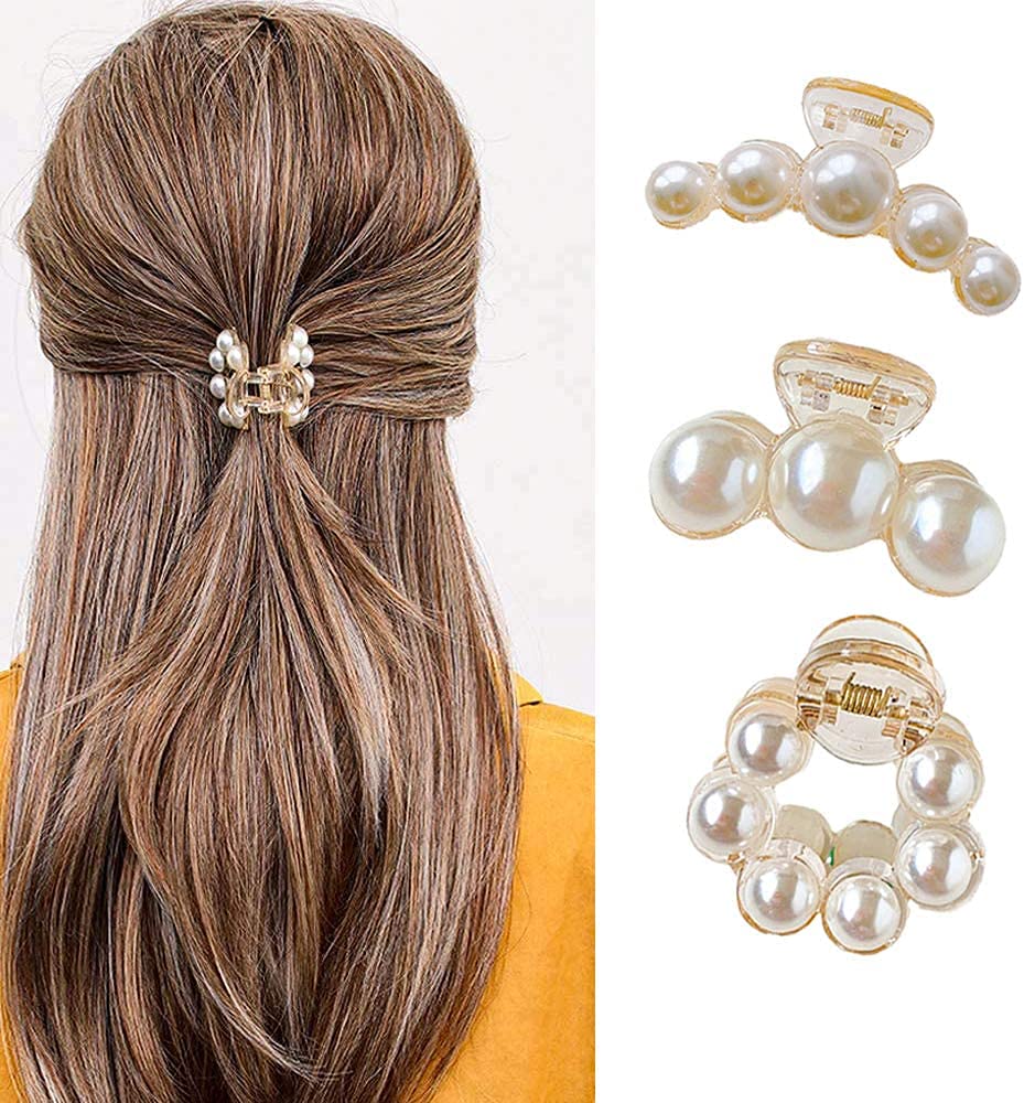 3Pcs Hair Claw Clips for Women,Pearl Jaw Clips, Hair Claw Clamps Champagne Pearl Hair Barrettes Hair Clips Pins Ties Hair Medium Small Non Slip Clips Hair Accessories for Women and Girls