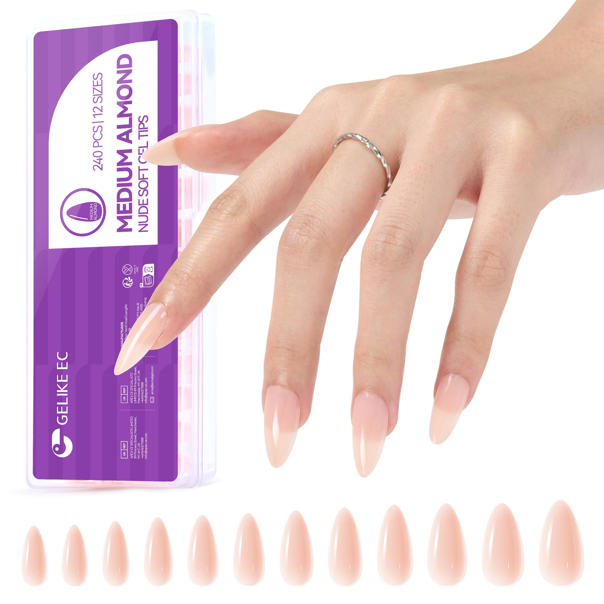 Soft Gel Nail Tips Almond - 240Pcs Nude Colored Press On Nails for Medium Length - Gelike EC 2 in 1 X-coat Tips with Top Primer Cover - One Step Medium Almond Gel Nail Tip Fake Nails in 12 Sizes for Nail Extensions Salon Home DIY