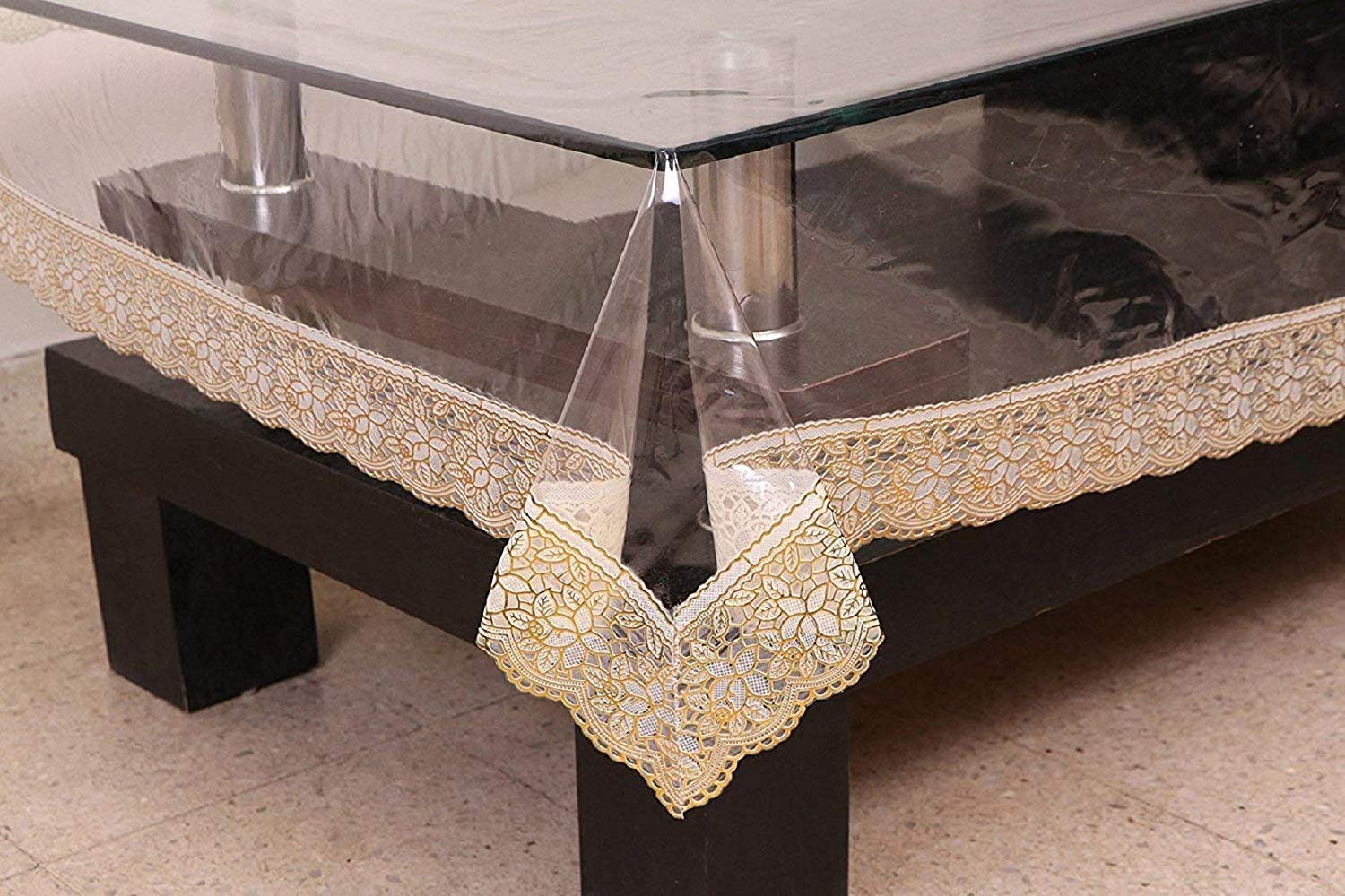 Dream Home 4 Seater PVC Transparent Center Table Cover with Golden Border