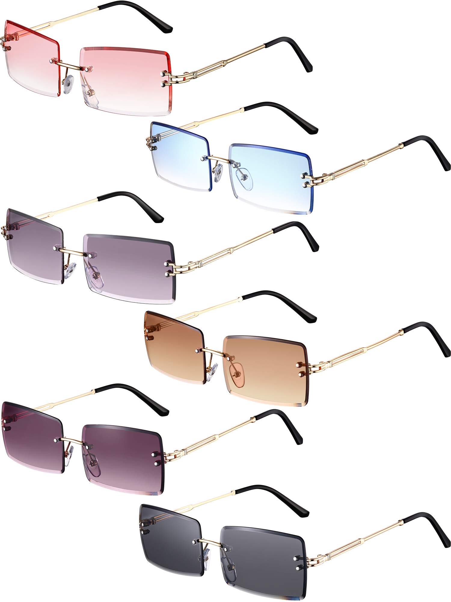 Weewooday 6 Pairs Rimless Rectangle Sunglasses Small Vintage Sunglasses Retro Frameless Eyewear for Women Men Travel Outdoor