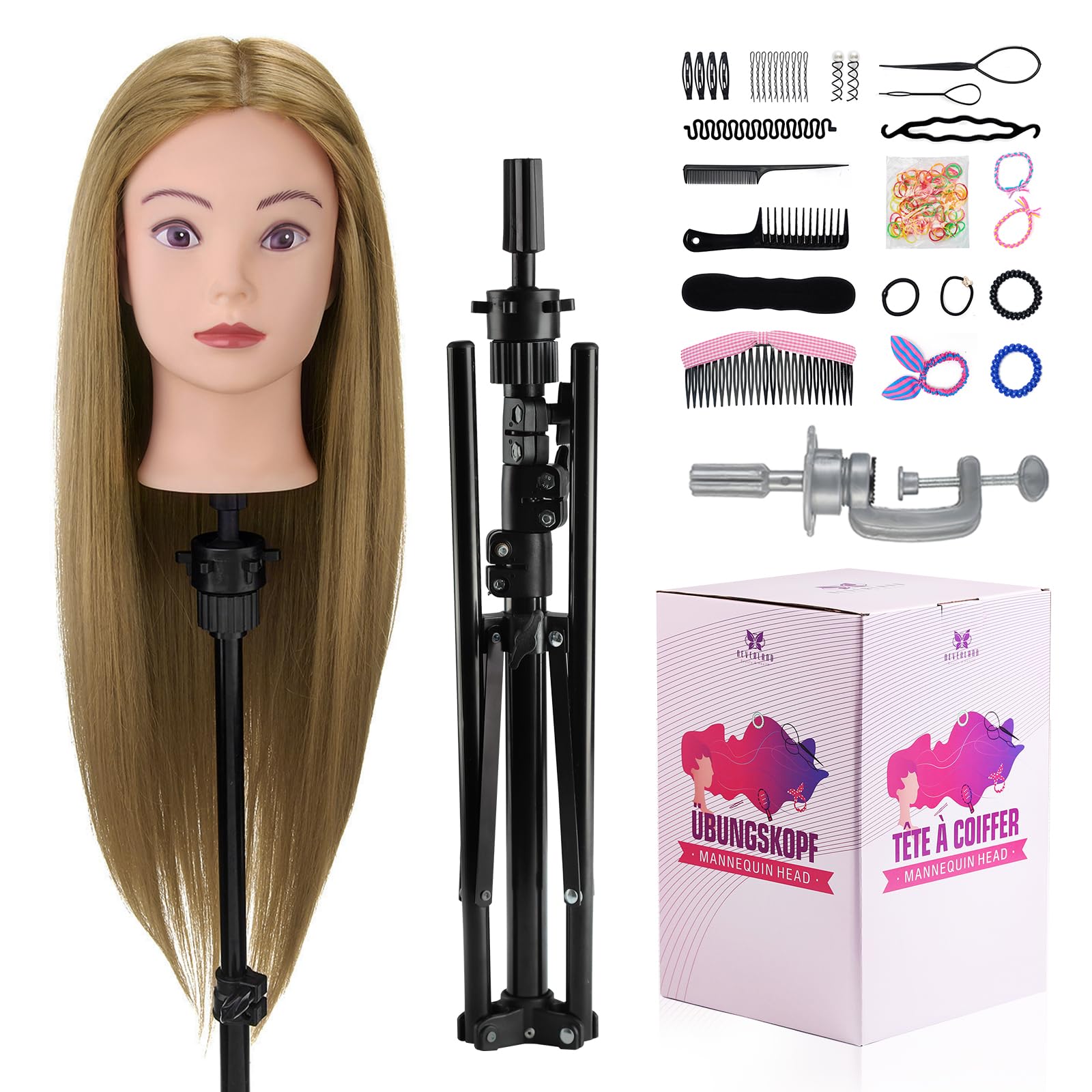 Neverland 26-28 inch Training Head with Wig Stand Tripod,60% Real Hair Braiding Cosmetology Manikin Head with Mannequin Head Stand,Doll Head for Hair Styling Practice with Table Clamp,Hair Styling Set