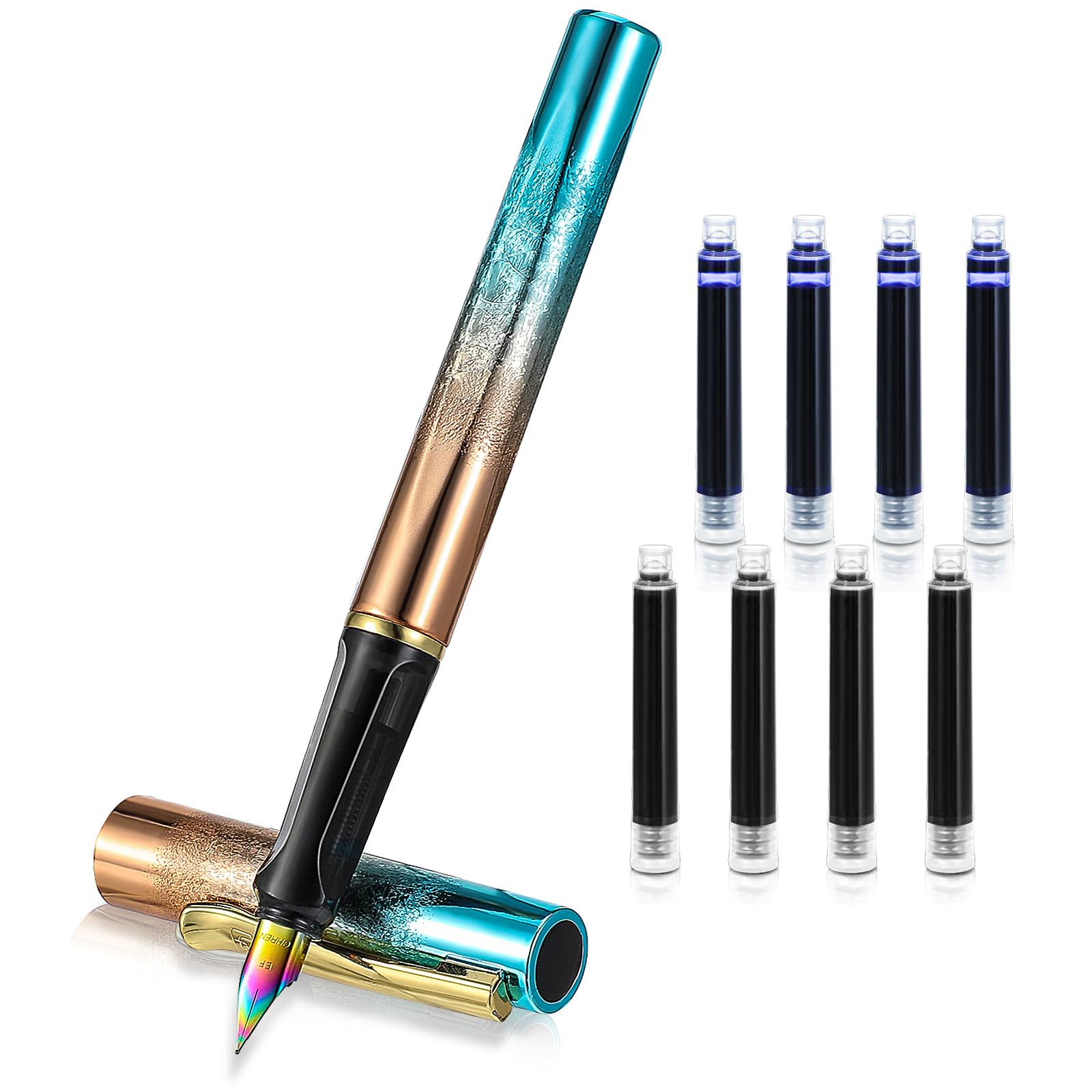 Fountain Pen Set, Colored Plastic Fountain Pen With 4 Black Ink and 4 Blue Ink 0.38mm Extra Fine Point Business Writing Pen for Journaling Signature School Office Gift Supplies (Blue gradient)