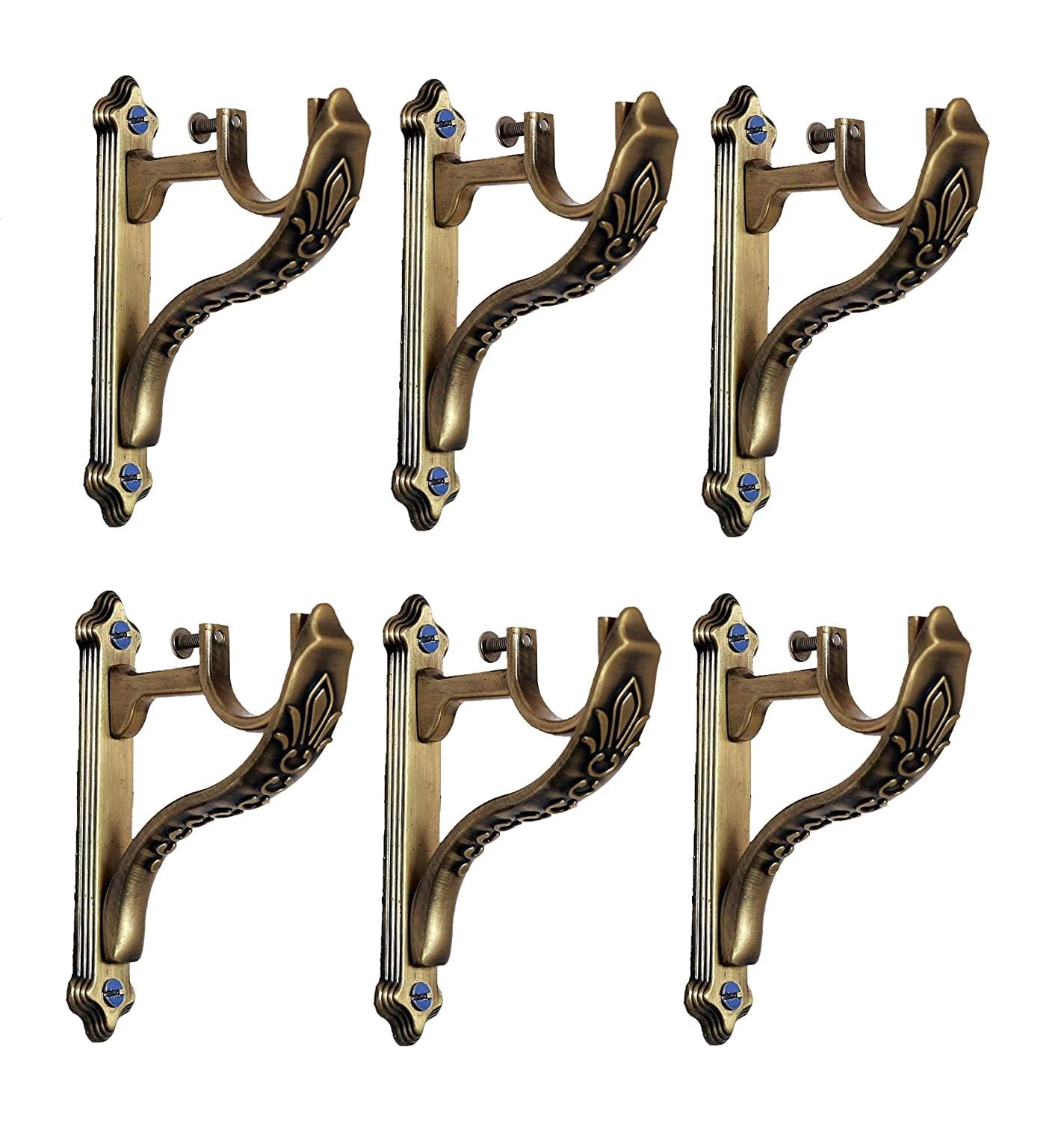 Ferio Zinc Antique Brass Finish Heavy Curtain Supports for Door and Window Curtain Brackets/Holder Set for 1 Inch Rod (Pack of 6 Pcs)