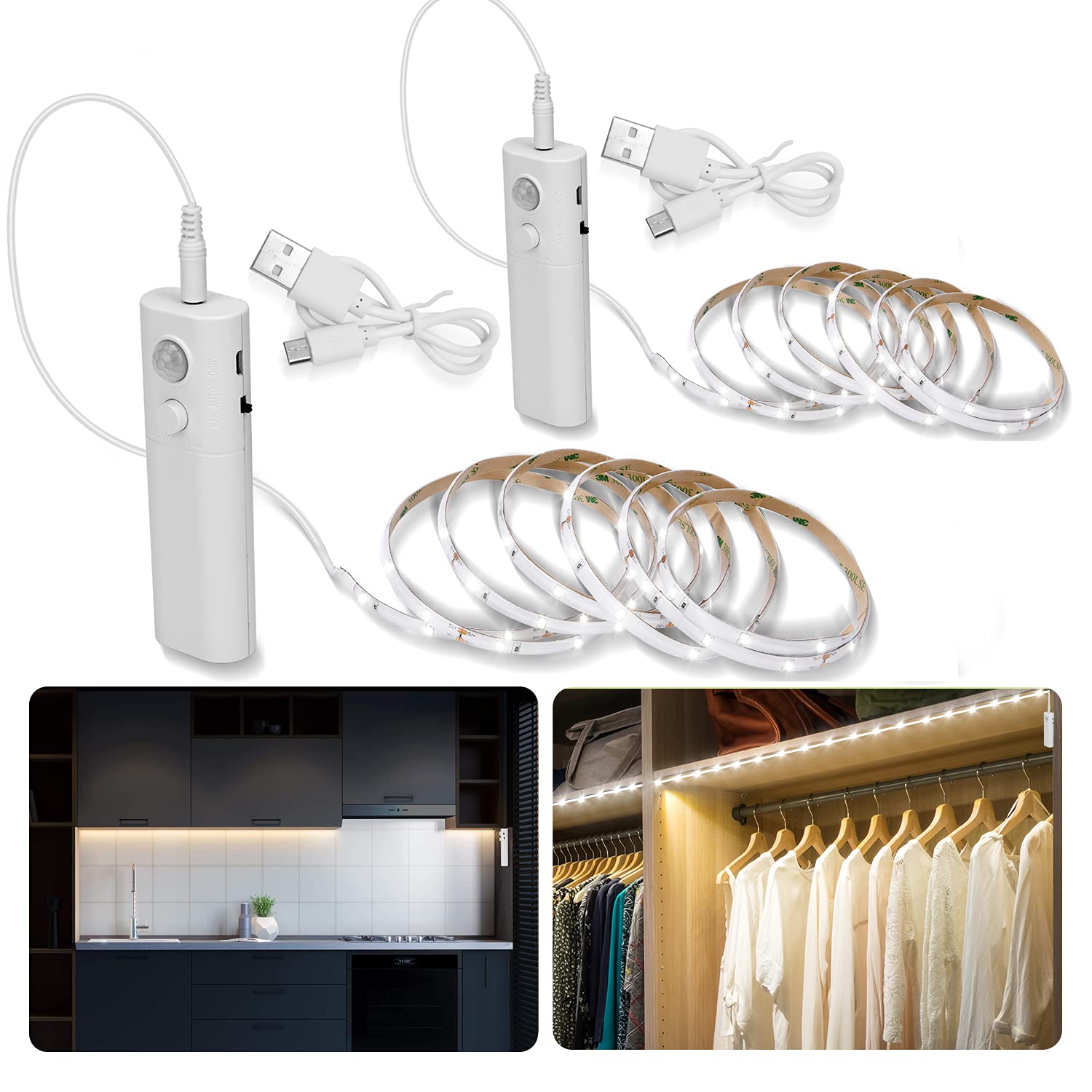 2pack Rechargeable LED Strip Lights with Motion Sensor - LUXJET Cool White LED Closet Light Motion Activated, Under Cabinet Strip Light