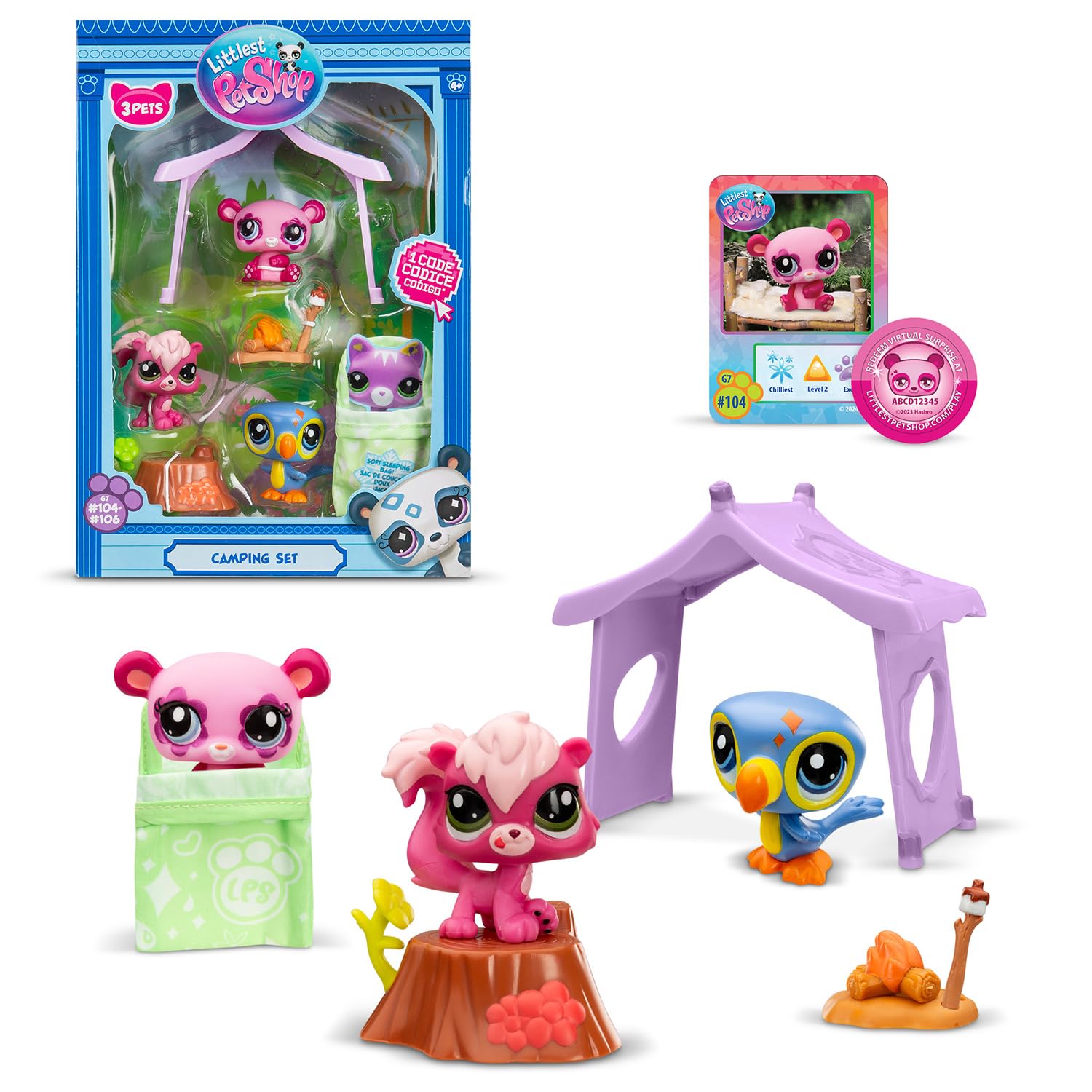 Littlest Pet Shop Bandai Series 2 Camping Adventure Play Pack | The Pack Contains 3 LPS Mini Pet Toys 6 Accessories 1 Collector Card And 1 Virtual Code | Collectable Toys For Girls And Boys