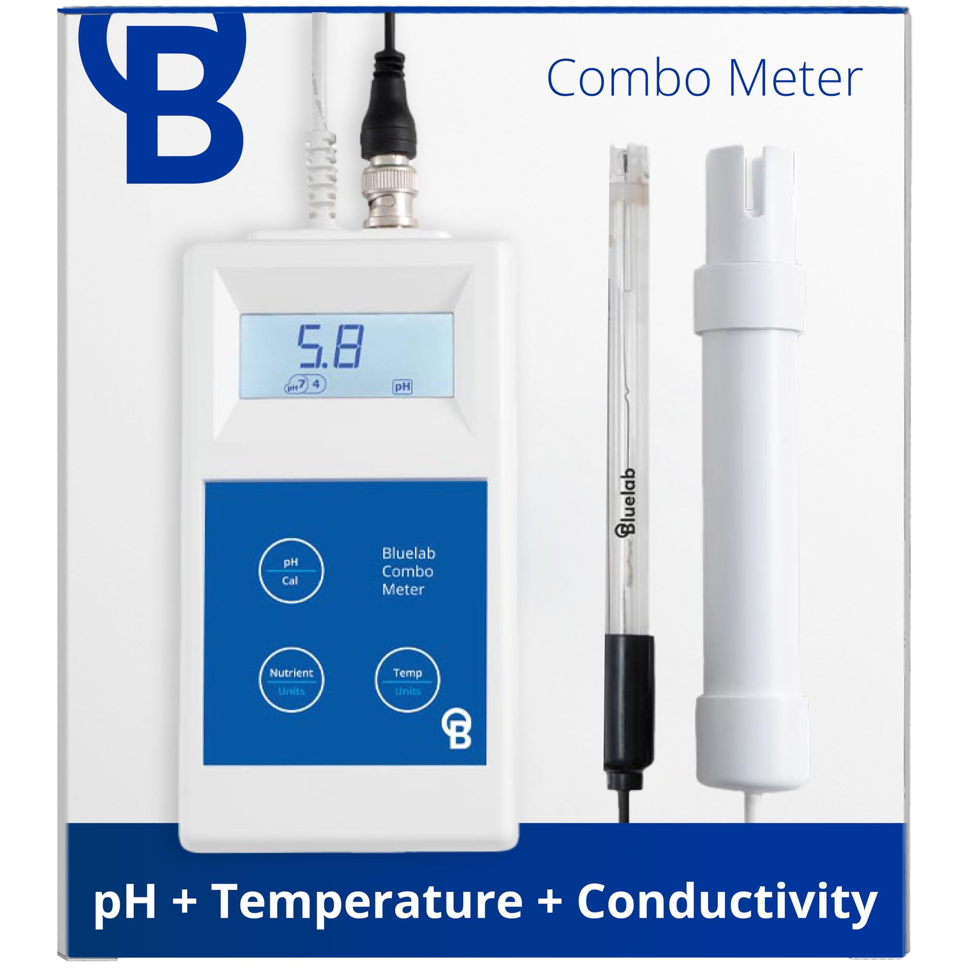 BluelabMETCOM Combo Meter for pH, Temperature, and Conductivity Measures, Easy Calibration, White