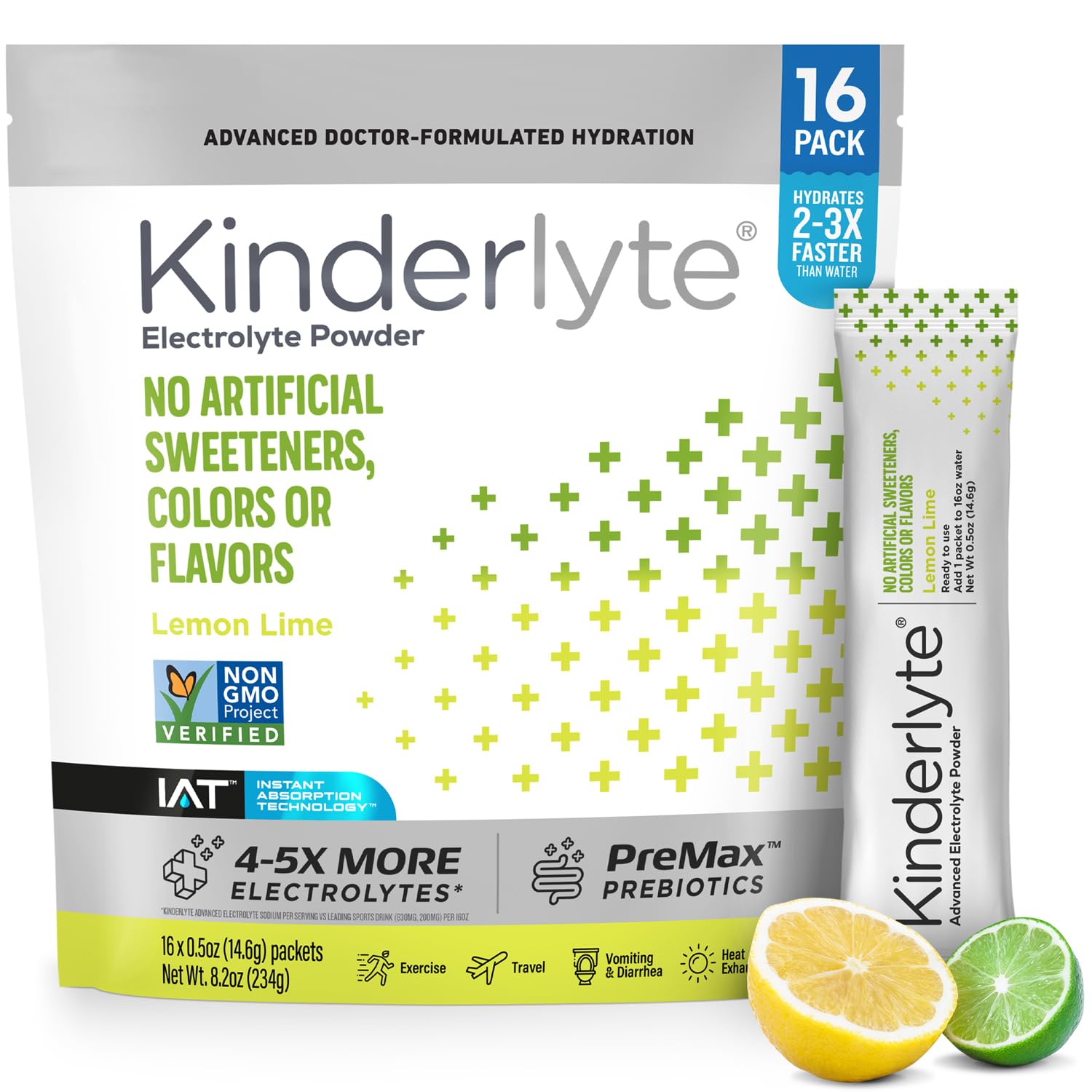 KinderlyteElectrolyte Powder, Advanced Hydration, Easy Open Packets, Supplement Drink Mix (Lemon Lime, 16 Count)