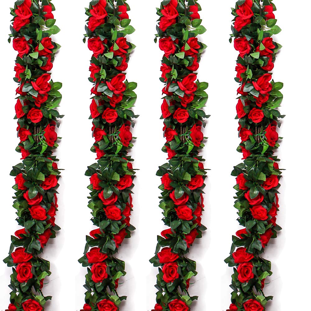 Musdoney 4Pcs 32.2 FT Fake Rose Vine Flowers Plants Artificial Flower Garland Hanging Rose Ivy Home Hotel Office Wedding Party Garden Craft Art Decor (Red)