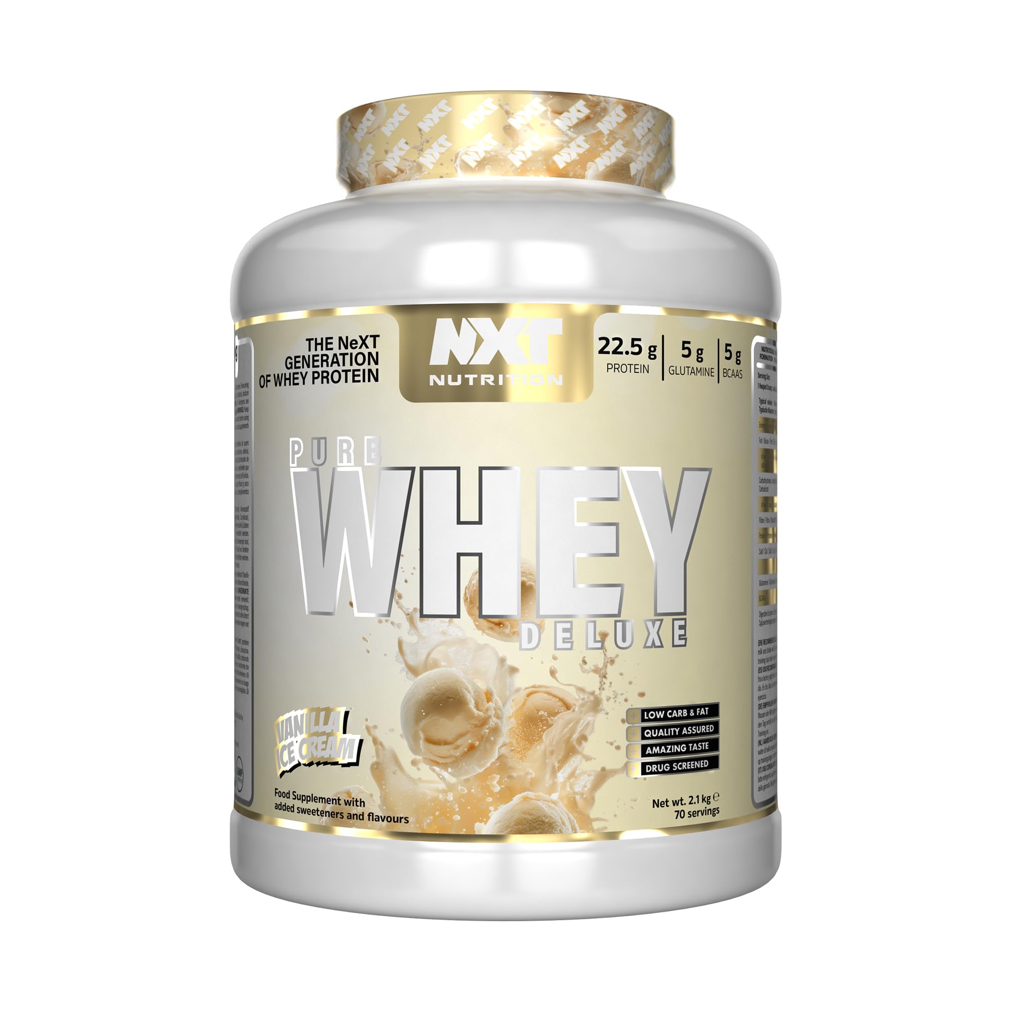 NXT Nutrition Pure Whey Deluxe 2.1kg | Whey Protein | Muscle Growth and Recovery | 70 Servings | 5g Glutamine | 5g BCAA | Vanilla Ice Cream