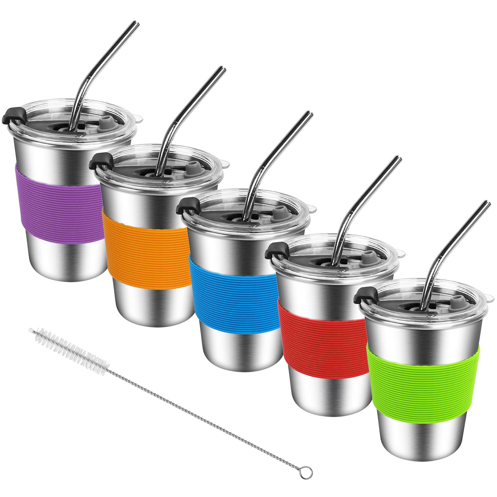 Kids Stainless Steel Cups, Kids Metal Drinking Glasses with Lids, Stainless Steel Straws and Sleeves, 12oz Reusable Water Tumbler for Children and Adults, Apply to Indoor and Outdoor (5 Pack 12 oz)