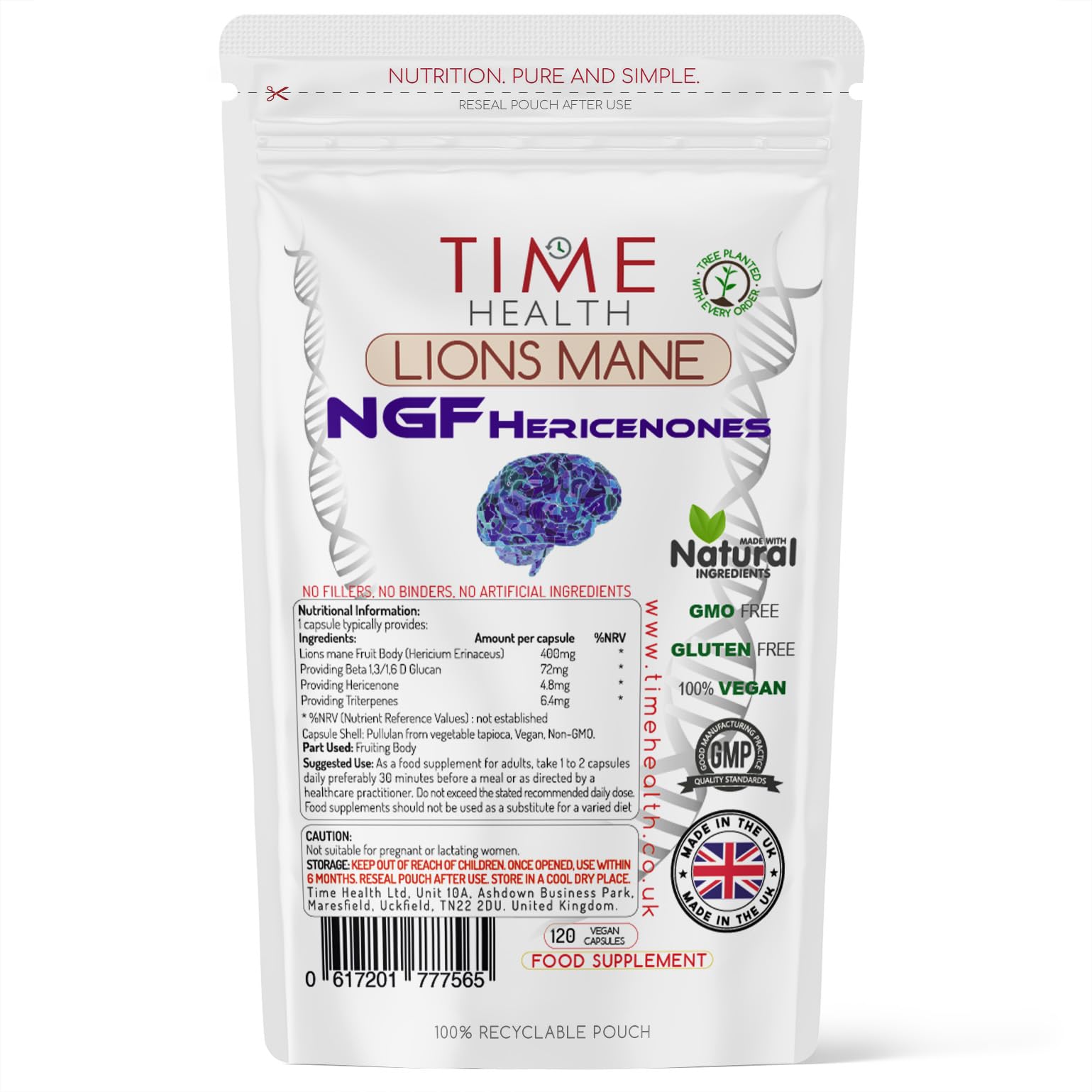 Time Health Lions Mane NGF - High Strength - Vegan - No Fillers, Binders or Flow Agents - Pullulan Capsules (120 Capsule Pouch)