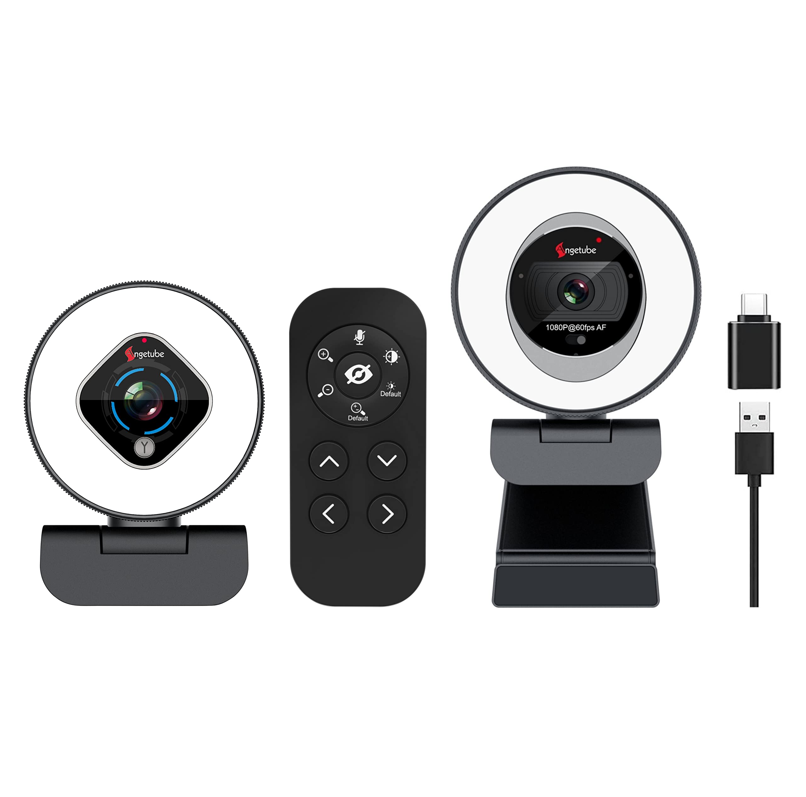 AngetubeZoomable Webcam with Remote, 60FPS 1080P Streaming Webcam with Ring Light and HD 1080P Autofocus Computer Camera