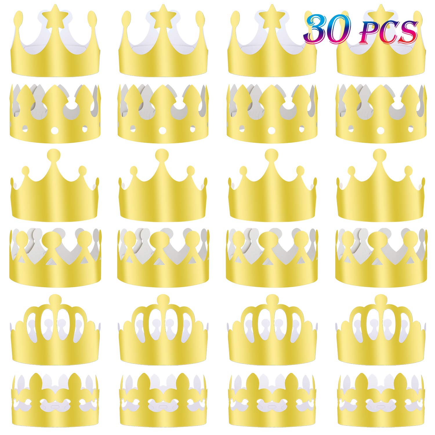 TUPARKA 30 Pcs Paper Crown Golden King Crowns Gold Foil Party Crown Hat Cap for Birthday Celebration Baby Shower Photo Props (6 Styles)