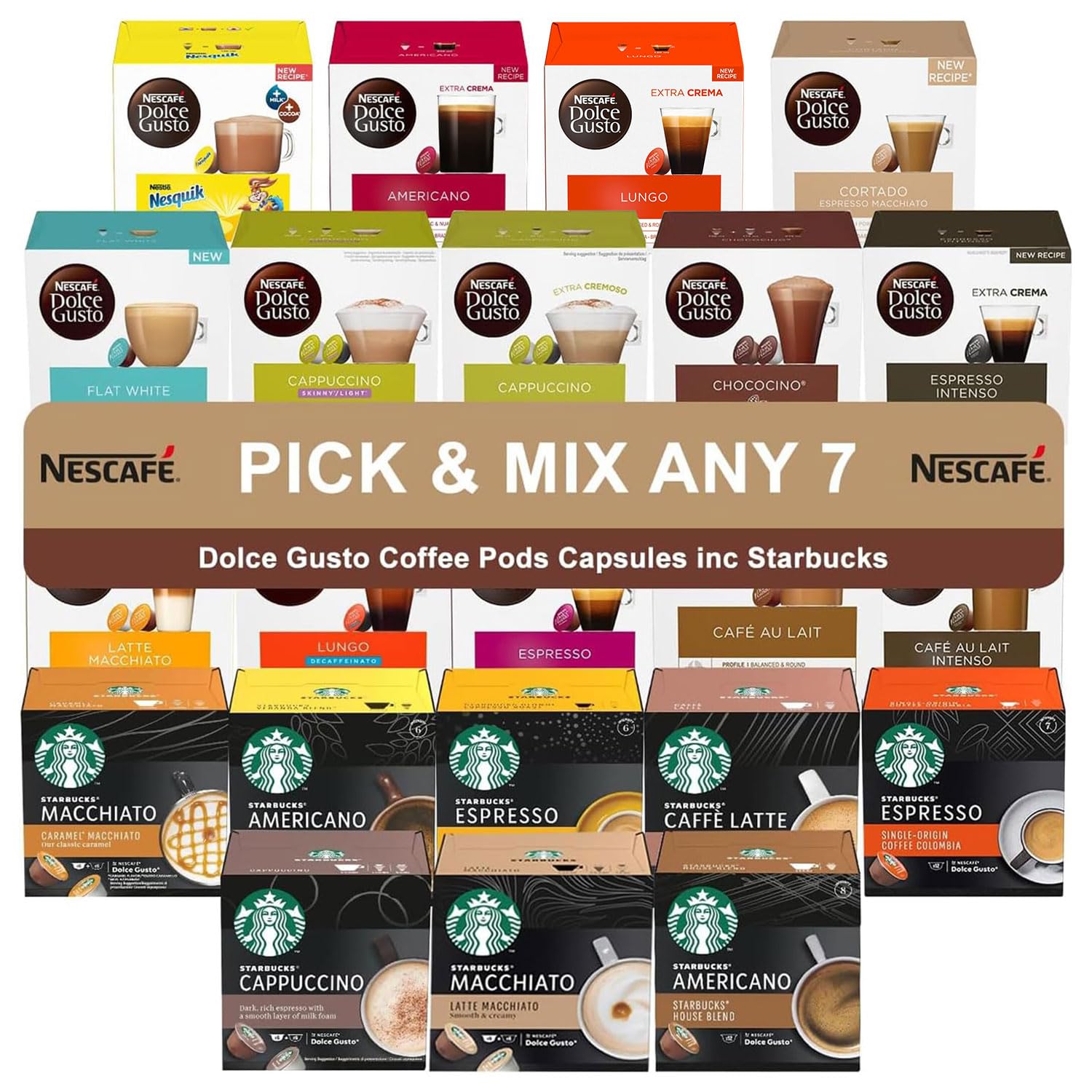 Nescafe Dolce Gusto & Starbucks Coffee Capsule Pods - Pick & Mix Any 5 Or 7 Boxes of Dolce Gusto (16 Coffee Pods) & Starbucks (12 Coffee Pods) 23 Different Blends (112 Pods)