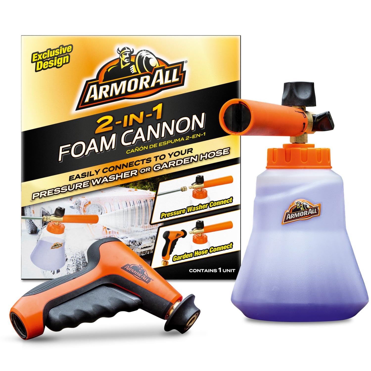 Armor All 2-in-1 Foam Cannon Kit, Car Cleaning Kit Connects to Power Washers and Garden Hoses for Vehicle Cleaning, Includes Foam Cannon, Foam Applicator and Ergonomic Adaptor, 1 count