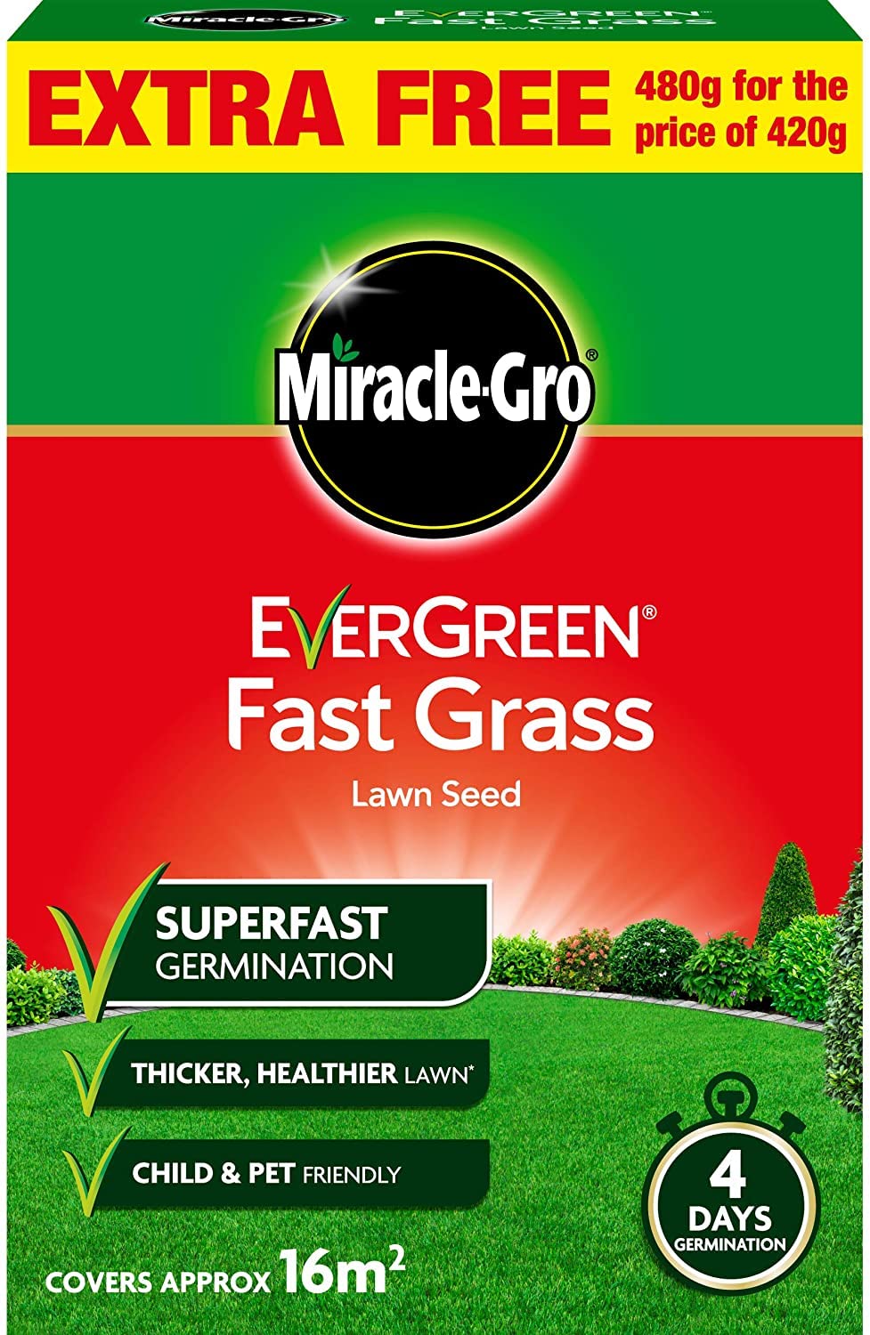 Miracle GRO Evergreen Fast Grass Lawn Seed 480g with a Thank You Sticker - Superfast Germination - Child and Pet Friendly