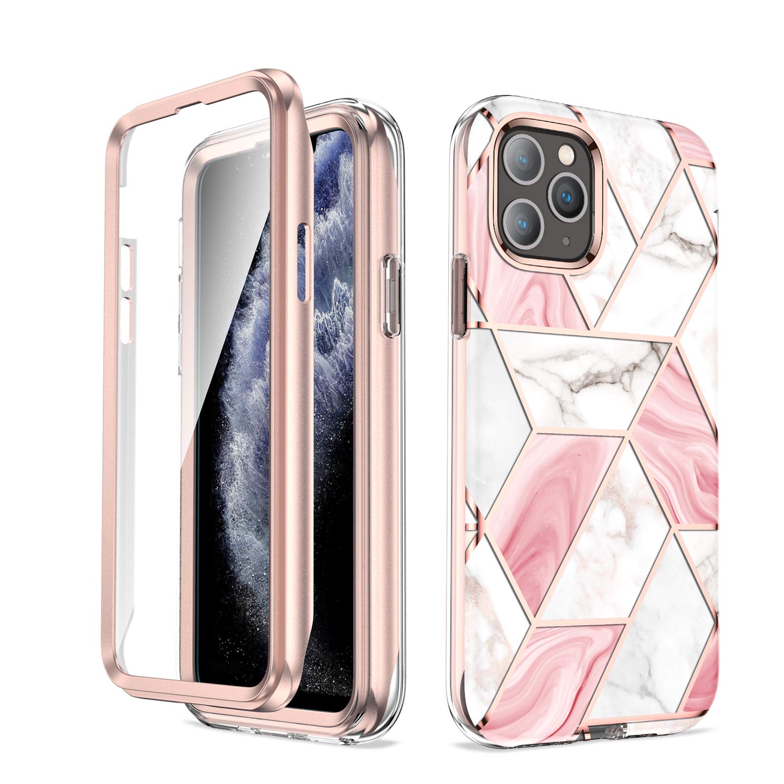 GOLINKFull Body Stylish Bling Chrome Shockproof Protective Case with Built-in Screen Protector for 6.5 inch iPhone 11 Pro Max(Pink Marble)