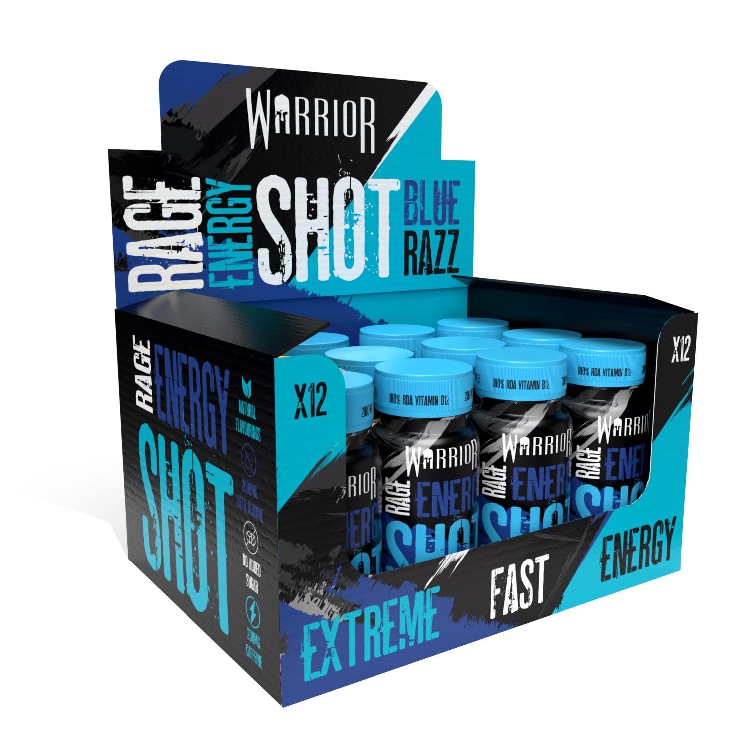 Warrior Rage Energy Shot – Pre Workout Shot – Energy Drink – 12 x 60ml – Ready to Drink Supplement – 200mg Caffeine – Natural Flavourings, No Added Sugar – Includes Vitamin B6 & B12 (Blue Raspberry)