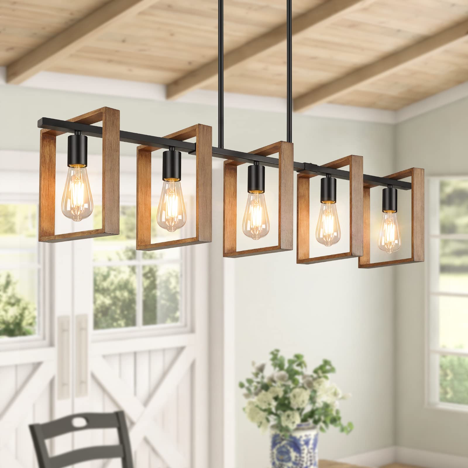 Brightever5-Light Farmhouse Kitchen Island Light, Black Modern Pendant Light Fixtures For Dining Room, Wood Chandeliers Hanging Ceiling Lights, Adjustable Height, Bulbs Not Included