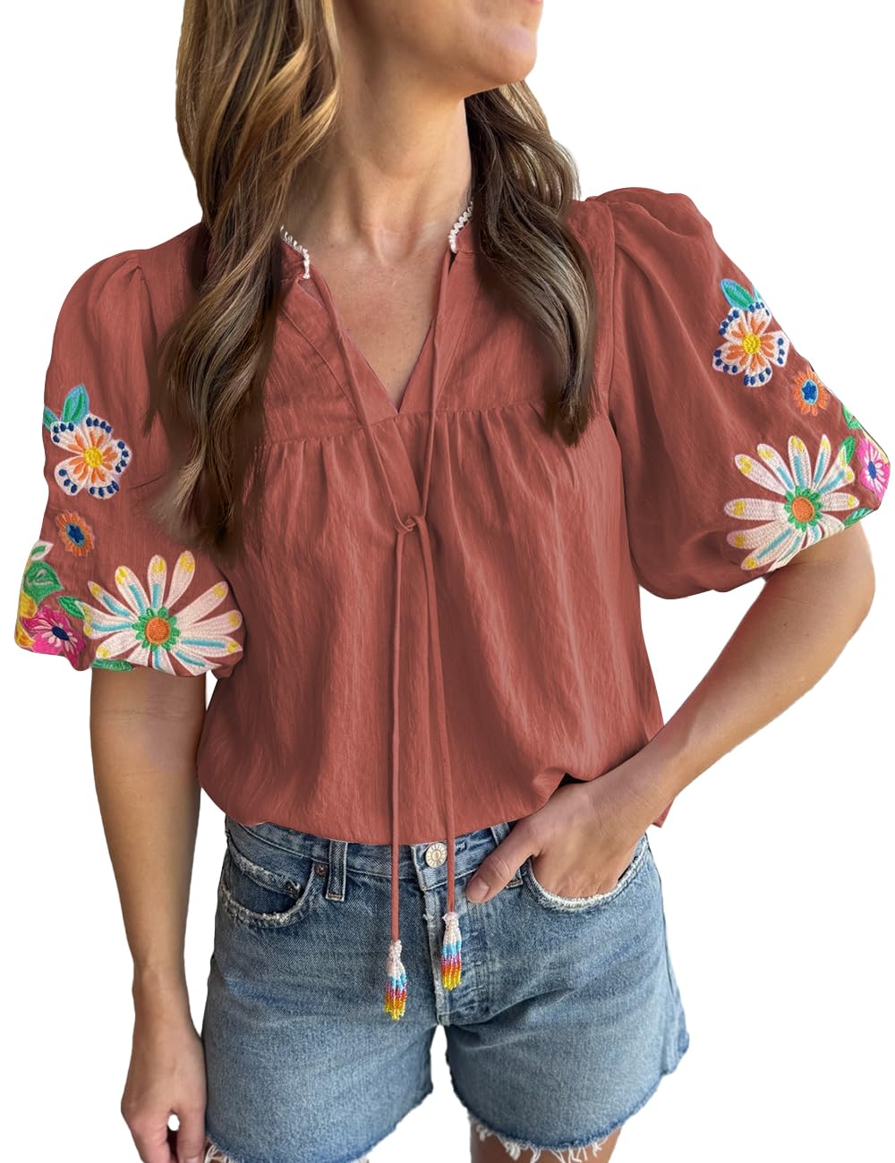 Women's Casual Floral Embroidered V Neck Boho Puff Short Sleeve Shirts Loose Tunic Summer Blouses Tops Fashion Clothes 2024