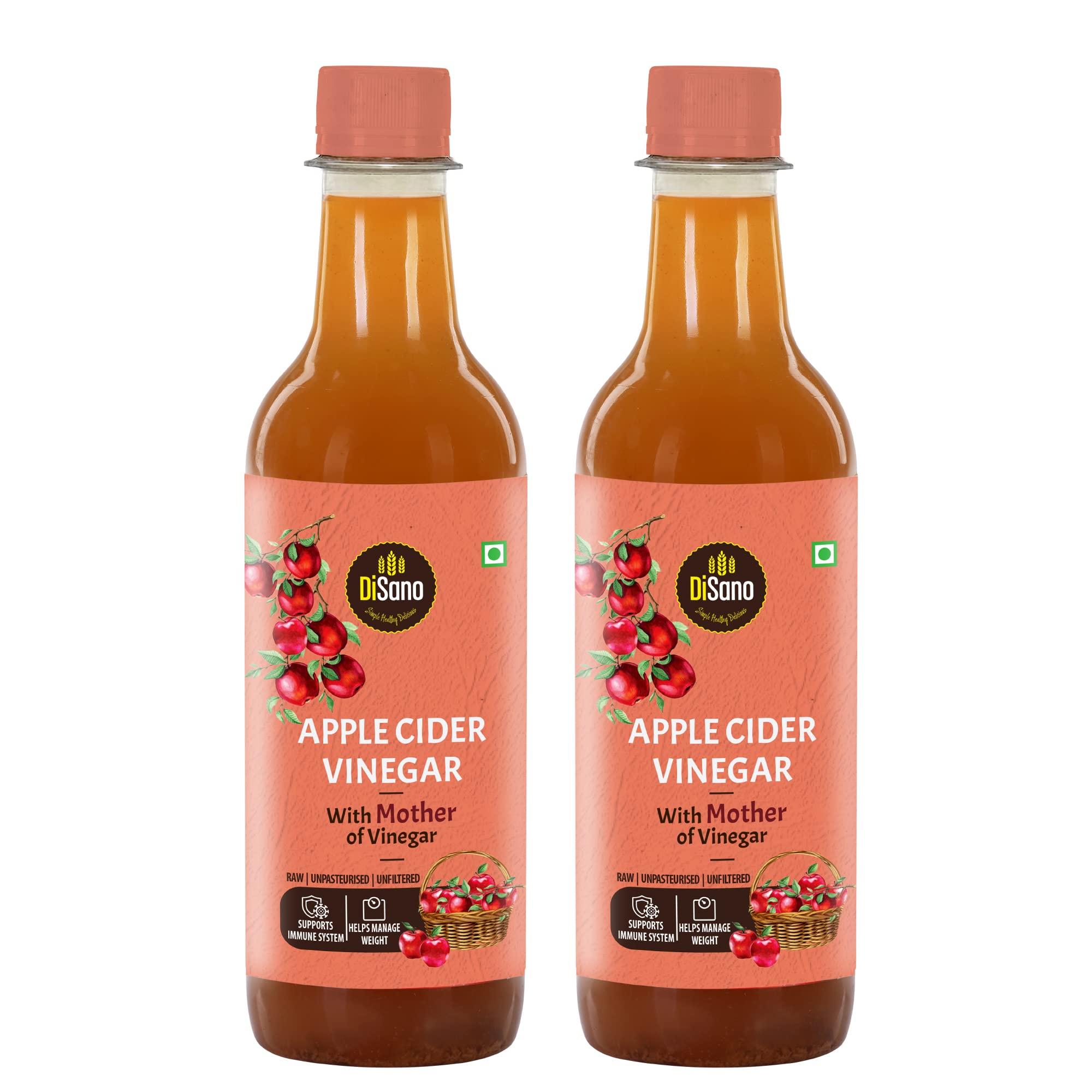 DiSano Apple Cider Vinegar (ACV) with Mother, Raw, Unfiltered, Undiluted - 1000 ml (2 x 500ml)