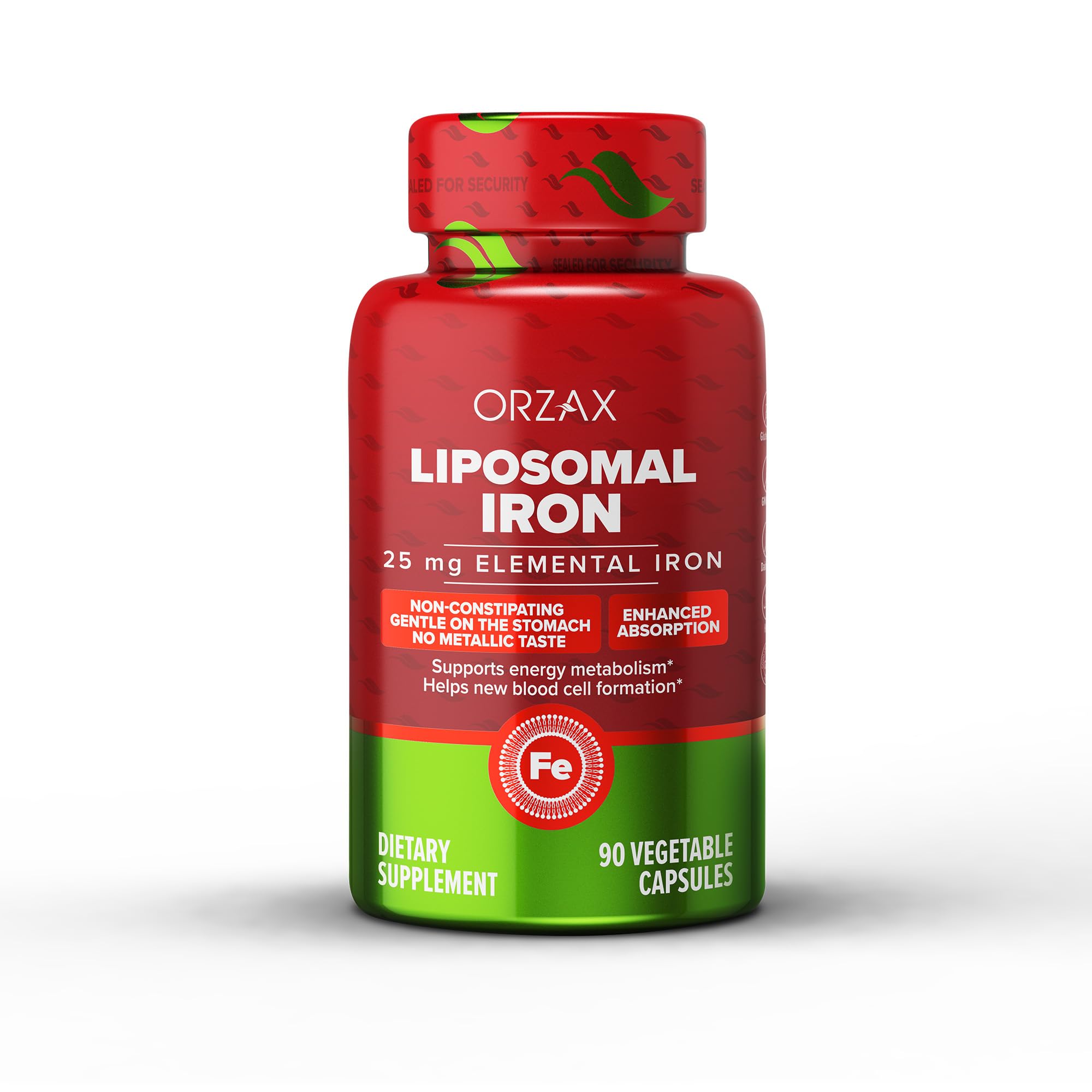 ORZAXIron Supplement 25 mg -Liposomal Technology- High Bioavailability 90 Vegetable Capsules, Helps New Blood Cell Production, Non-Constipating, Non-GMO & Gluten Free, for Women, Men, Adults