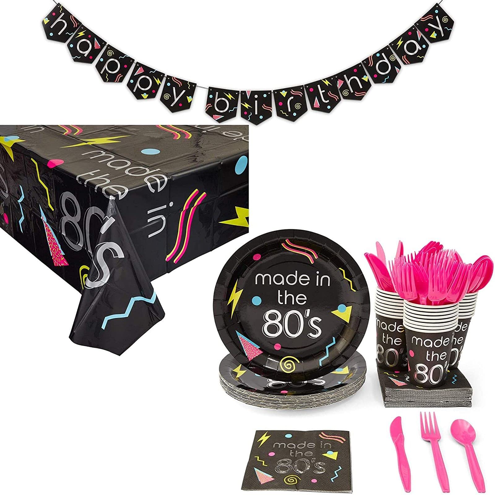 Sparkle and Bash 80s Birthday Party Supplies and Decor Set for 24 Guests