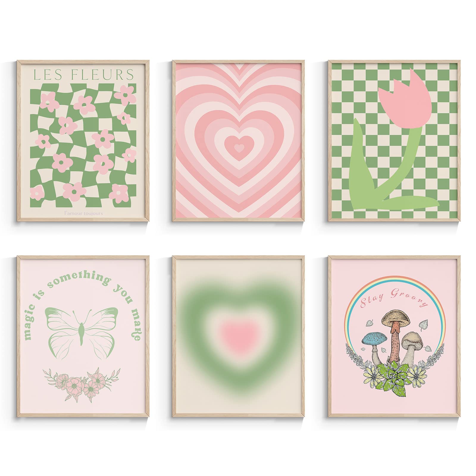 InSimSeaGreen and Pink Wall Art Set for Living Room, Danish Pastel Aesthetic Room Decor, Abstract Home Wall Art Decorations for Living Room, 8X10in,UNFRAMED