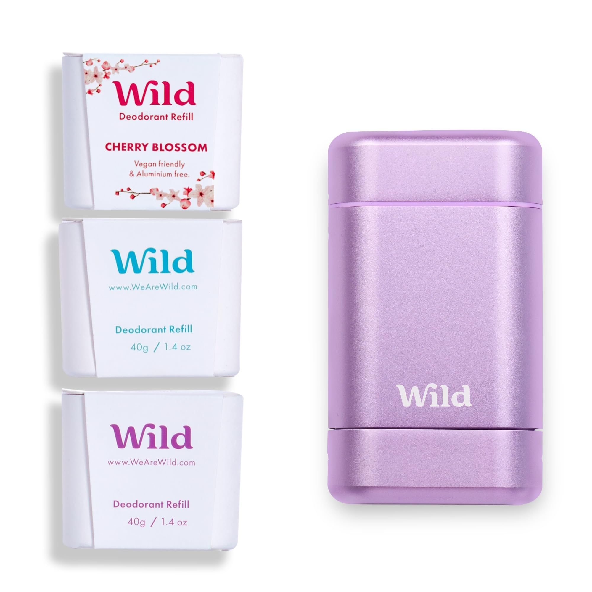 WildPurple Case with Refill Variety Pack (3 x 40g) - Natural Refillable Deodorant - Aluminium Free - Includes Fresh Cotton & Sea Salt, Cherry Blossom and Coconut & Vanilla Scents - Vegan