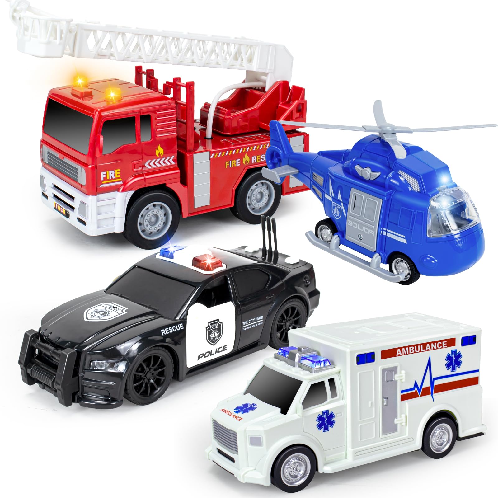 4 Pack Emergency Vehicle Toy Playsets - Ambulance, Fire Truck, Police Car and Toy Helicopter, Friction Powered Rescue Vehicles with Light and Sound, Big Size Car Toys for Toddlers Kids Boys Gifts