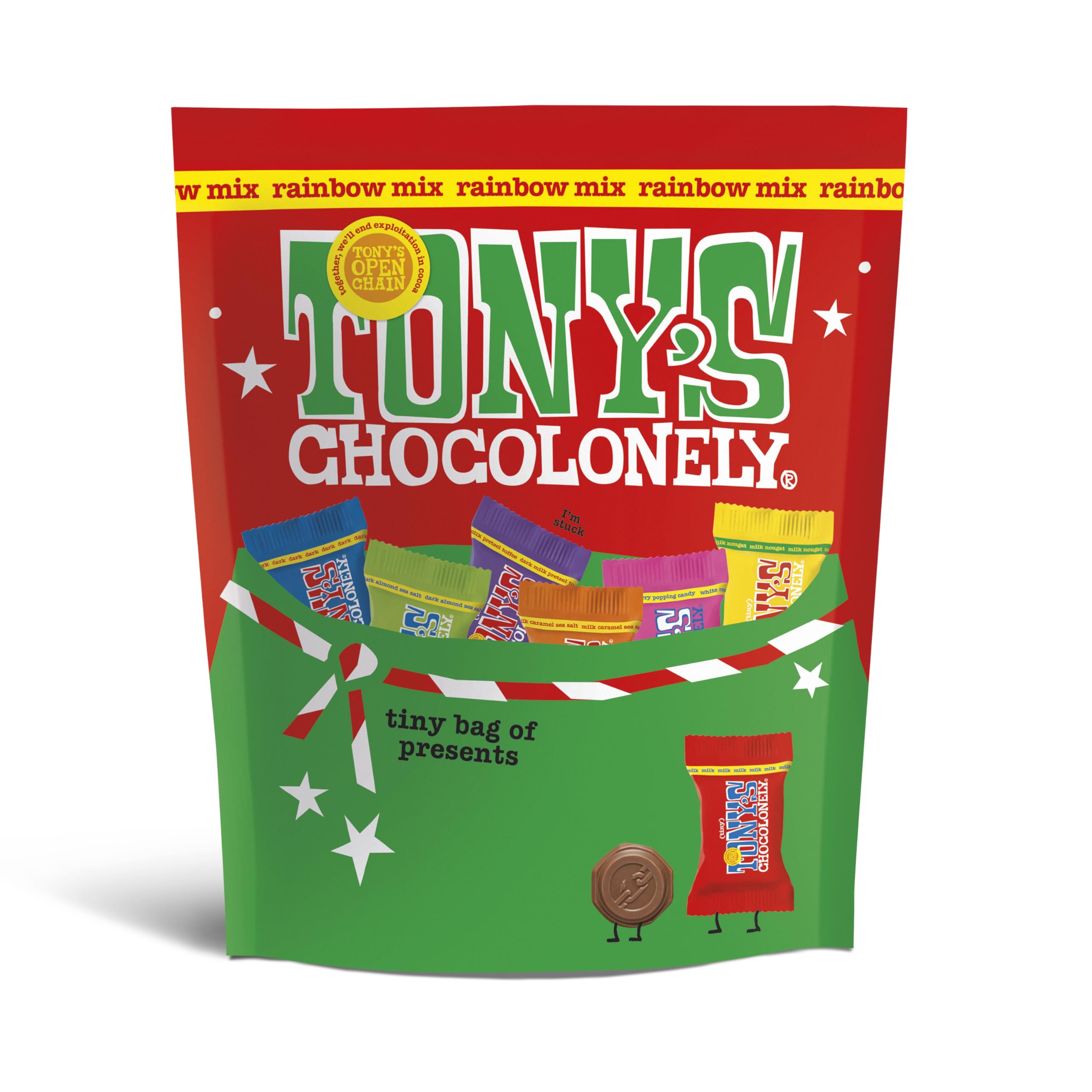 Tony's ChocolonelyTiny Tony's Christmas Pouch - Mix of Small Chocolates - 15 Tiny's in a Gifting Pouch - 8 Flavors - Belgium Fairtrade Chocolate, 135g