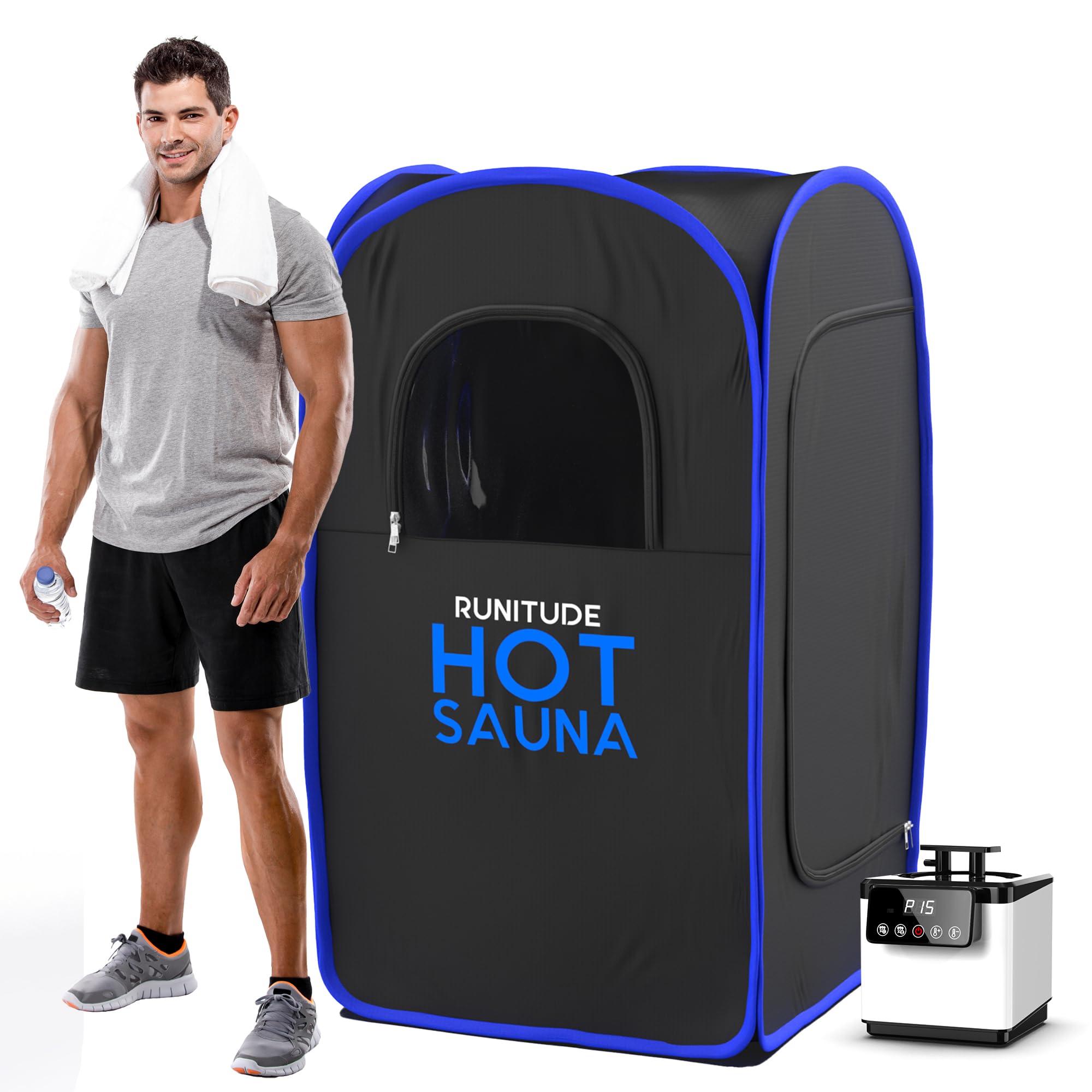 Runitude Portable Sauna Steam Tent | Full Size Home Personal Sauna Steam Detox Room | Infrared Touchscreen 1000W 2.6 Litre Generator | Including Chair & 2X Protective Floor Mats | Men & Women