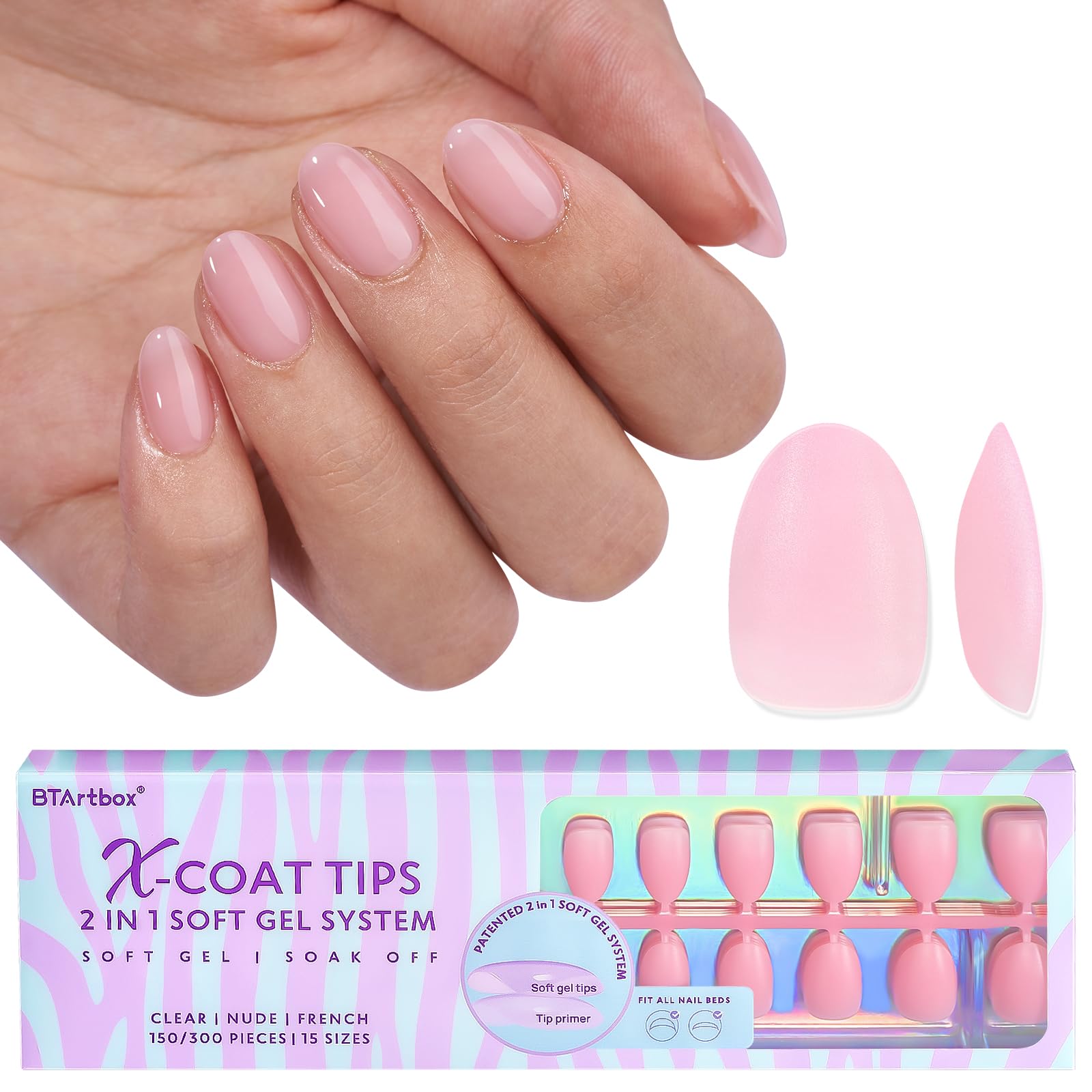 BTArtboxXCOATTIPS Natural Nail Tips - Extra Short Almond Press On Nails Pink, Long Lasting Soft Gel Nails False Nail, Soak Off Acrylic Fake Nails Extensions for Nail Art DIY Halloween Gifts