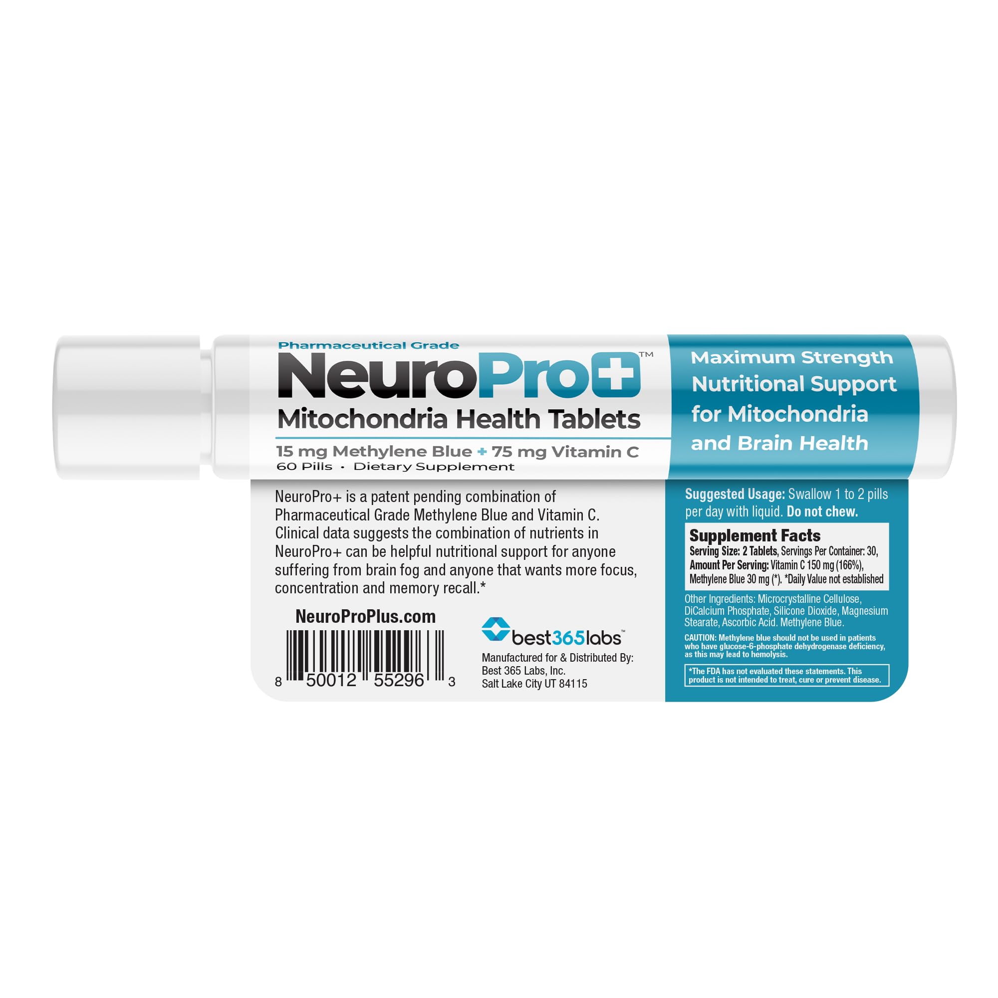 Best 365 Labs NeuroPro+ Maximum Strength Mitochondria Health Tablets - Methylene Blue and Vitamin C - Fast Acting Neuro Support - Improve Focus and Memory - 60 Tablets