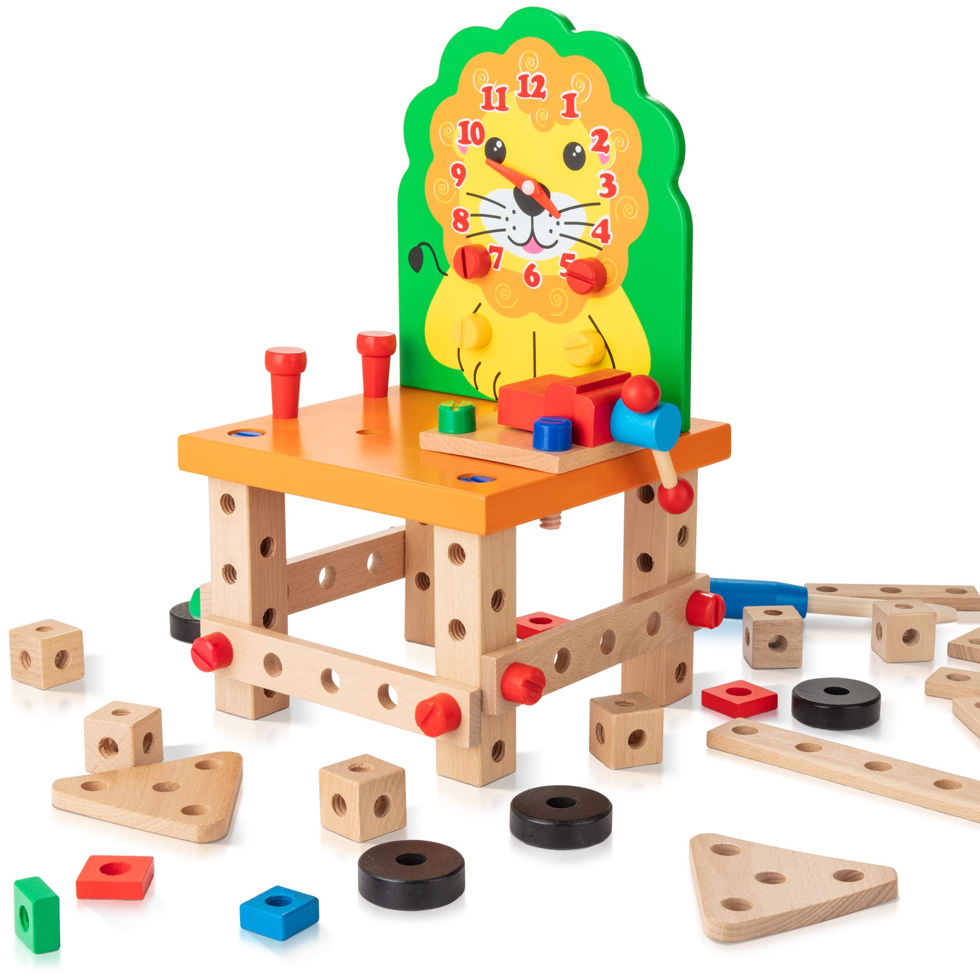 KIDWILLWooden Building Set, Cute Lion Wooden Chair Models Construction Play Set with Nuts Bolts and Tools, Educational Building Toy for 3 Years Old and Up