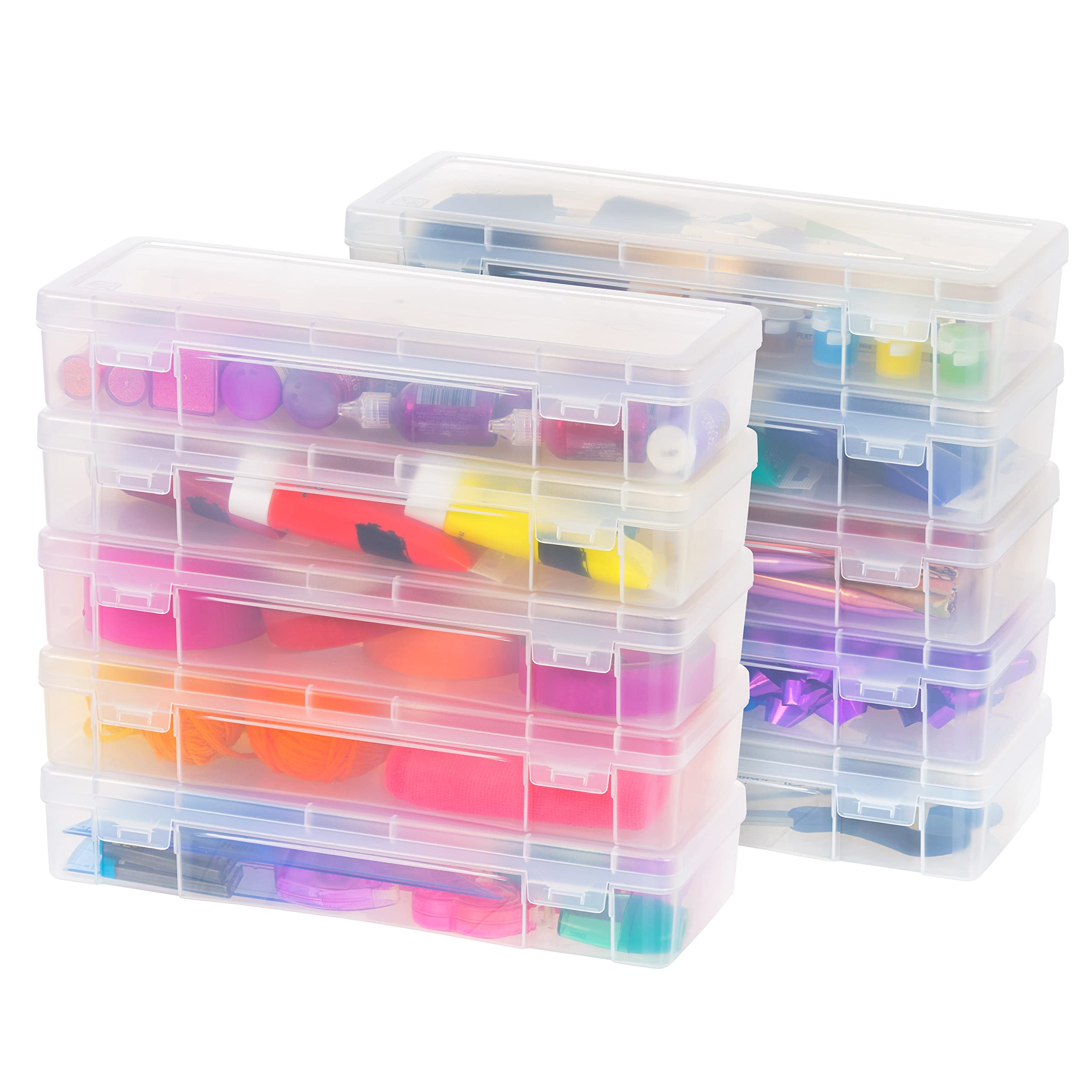 IRIS USA Plastic Pencil Case Box Craft Hobby Art School Supply Storage Organizer Container with Latching Lid, 10-Pack, for Bead Pens Ribbons Wahi Tape Sticker Yarn Ornaments, Stackable, Clear, Large