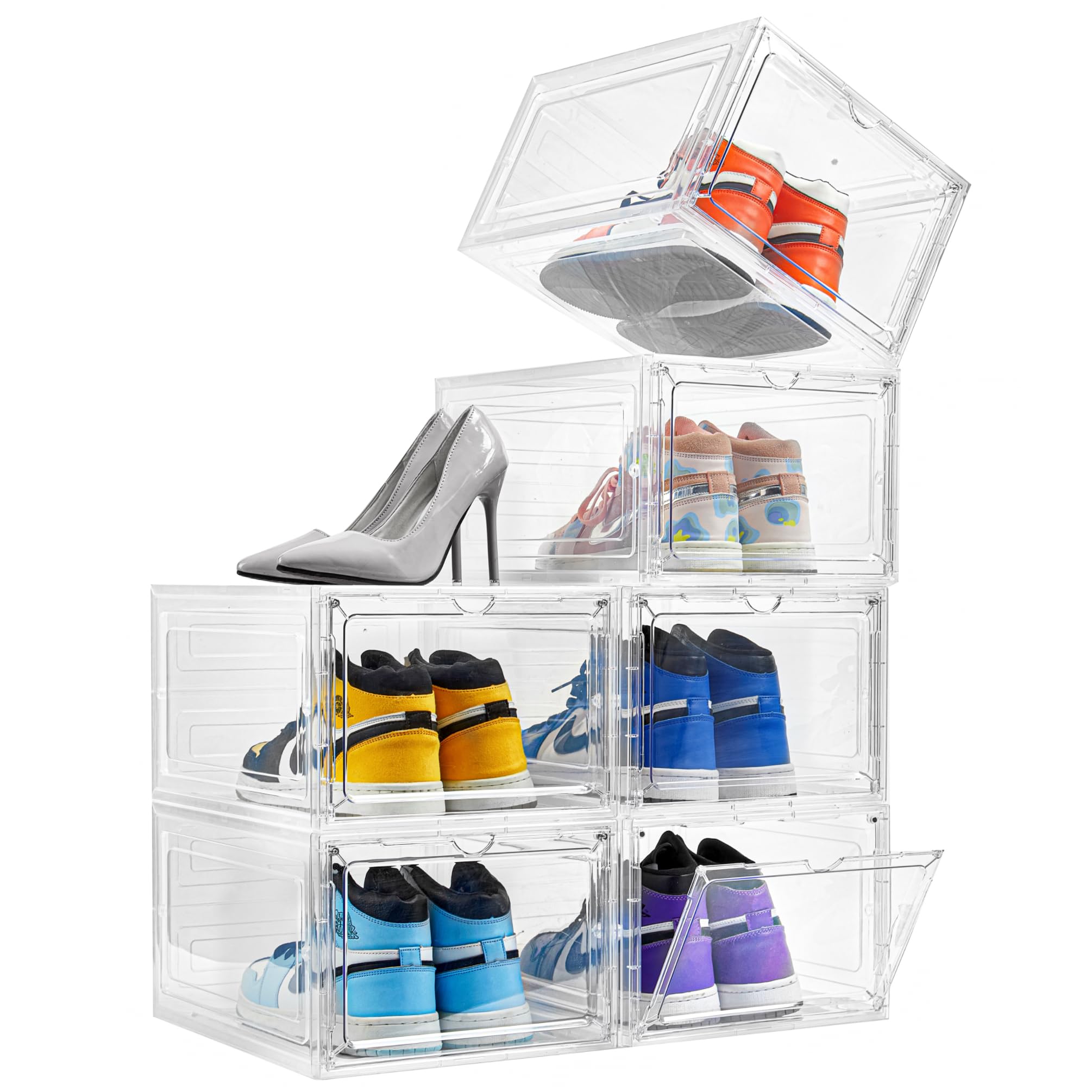 Attelite Drop Front Shoe Box,Set of 6,Stackable Plastic Shoe Box with Clear Door, As Shoe Storage Box and Clear Shoe Box,For Display Sneakers,Easy Assembly,Fit up to US Size 12(13.4”x 10.6”x 7.4”)